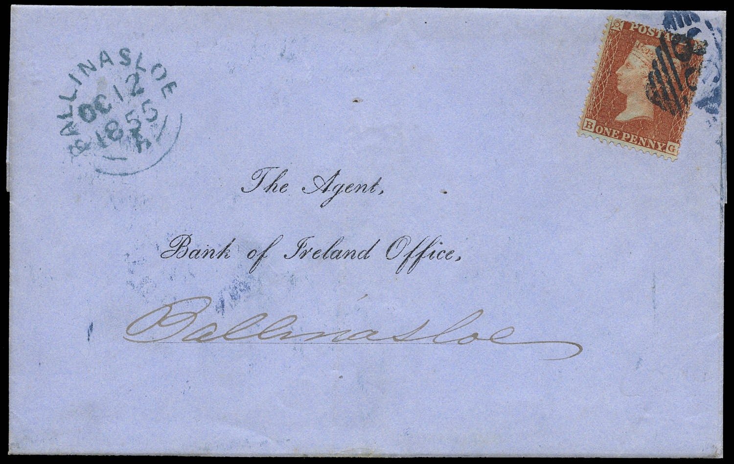 SG29var 1855 1d Red brown Pl.10 blue cancel cover
