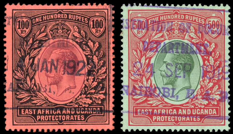 East Africa & Uganda SG 62-3 1912 100r and 500r fiscally used