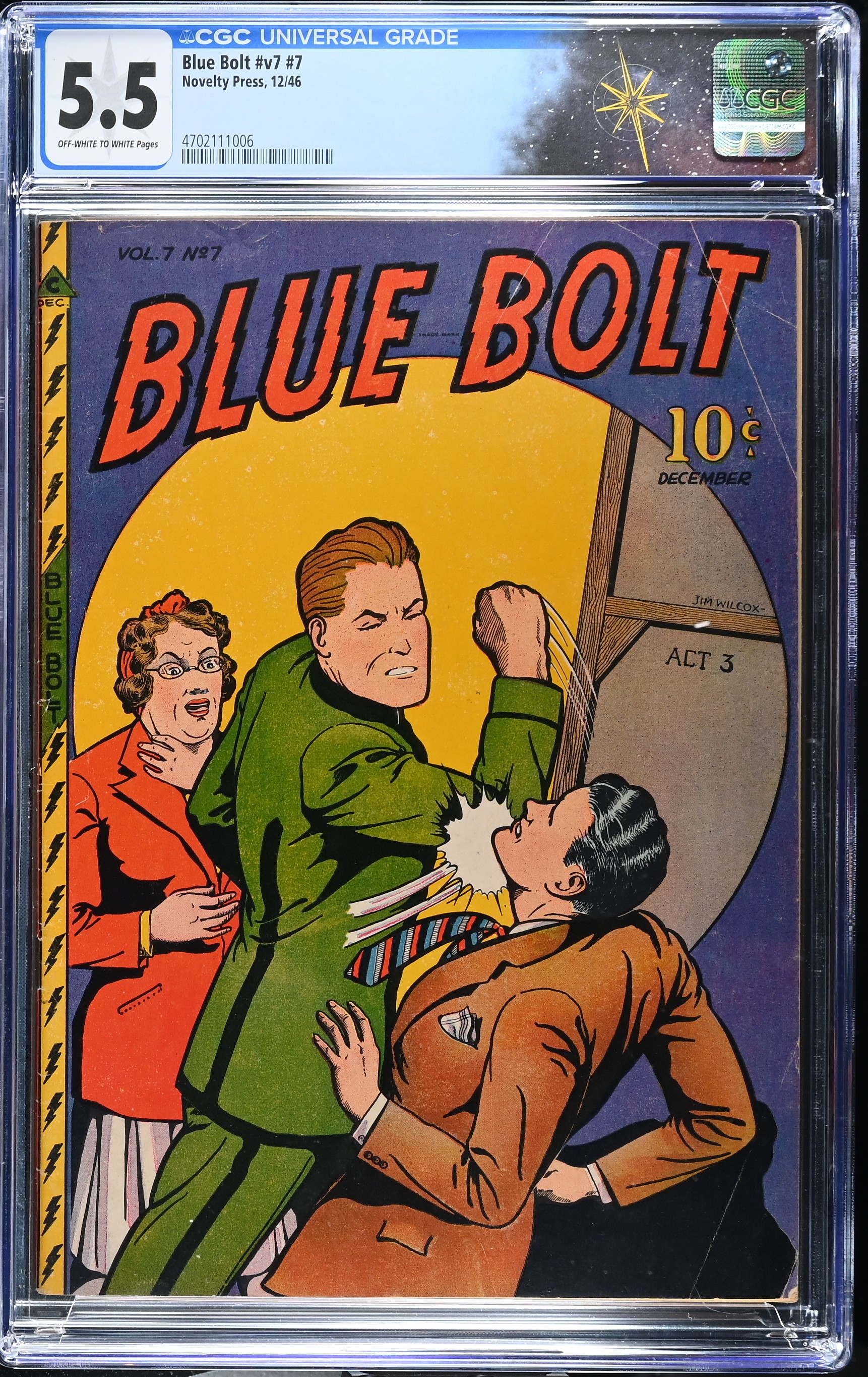 Blue Bolt Comics #v7 #7 CGC 5.5 Cover by Jim Wilcox (Novelty Press, 1946) Off-White to White Pages