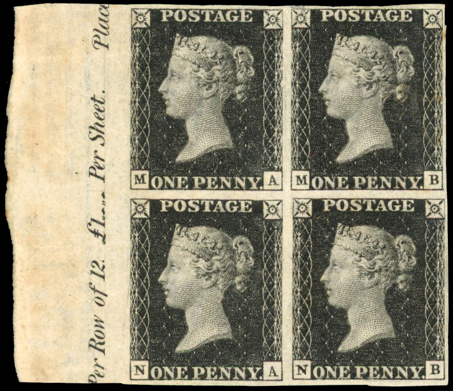 Great Britain 1840 1d black Plate 7, mint block of 4, SG 2, Ex Crawford & Ferrary