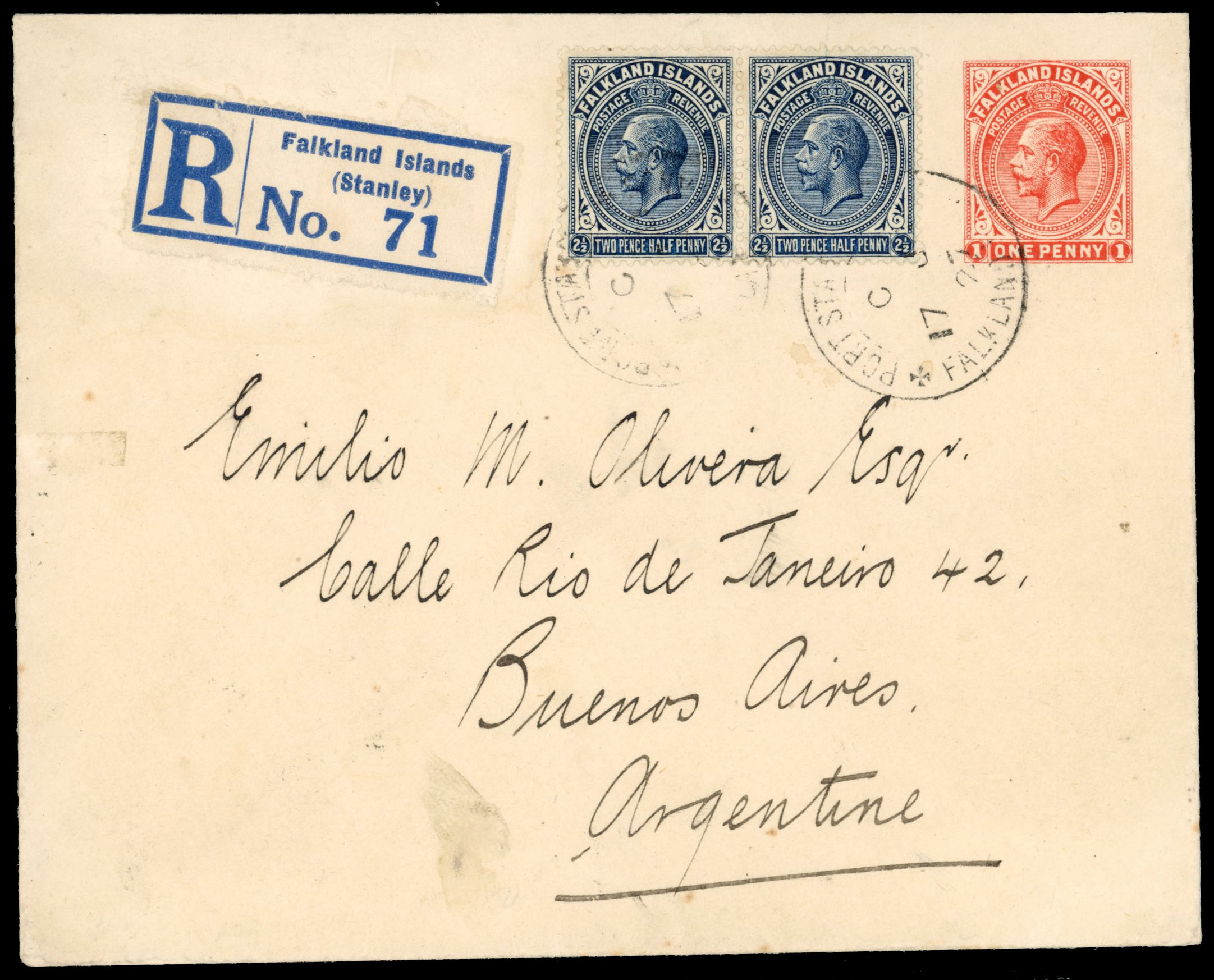Falkland Islands 1927 1d postal stationery envelope to Buenos Aires