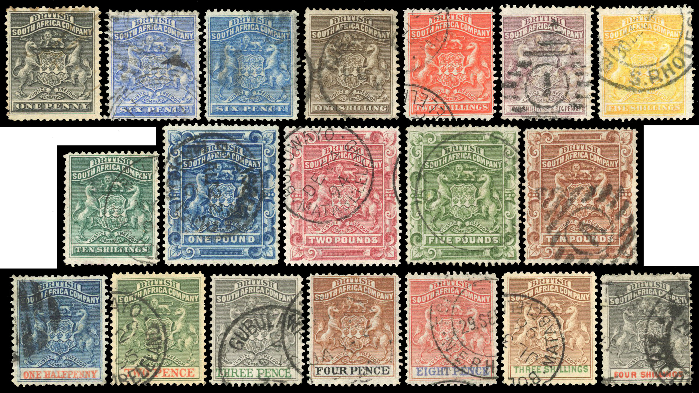 1892-93 1d to £10 with additional shade on 6d,, 1892-94 ½d to 4s; postally or cto used