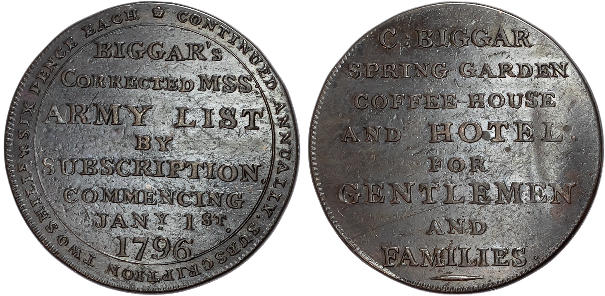 London, Spring Gardens , Charles Biggar (coffee house and hotel owner) Halfpenny 1796, Eight-line legend advertising his …