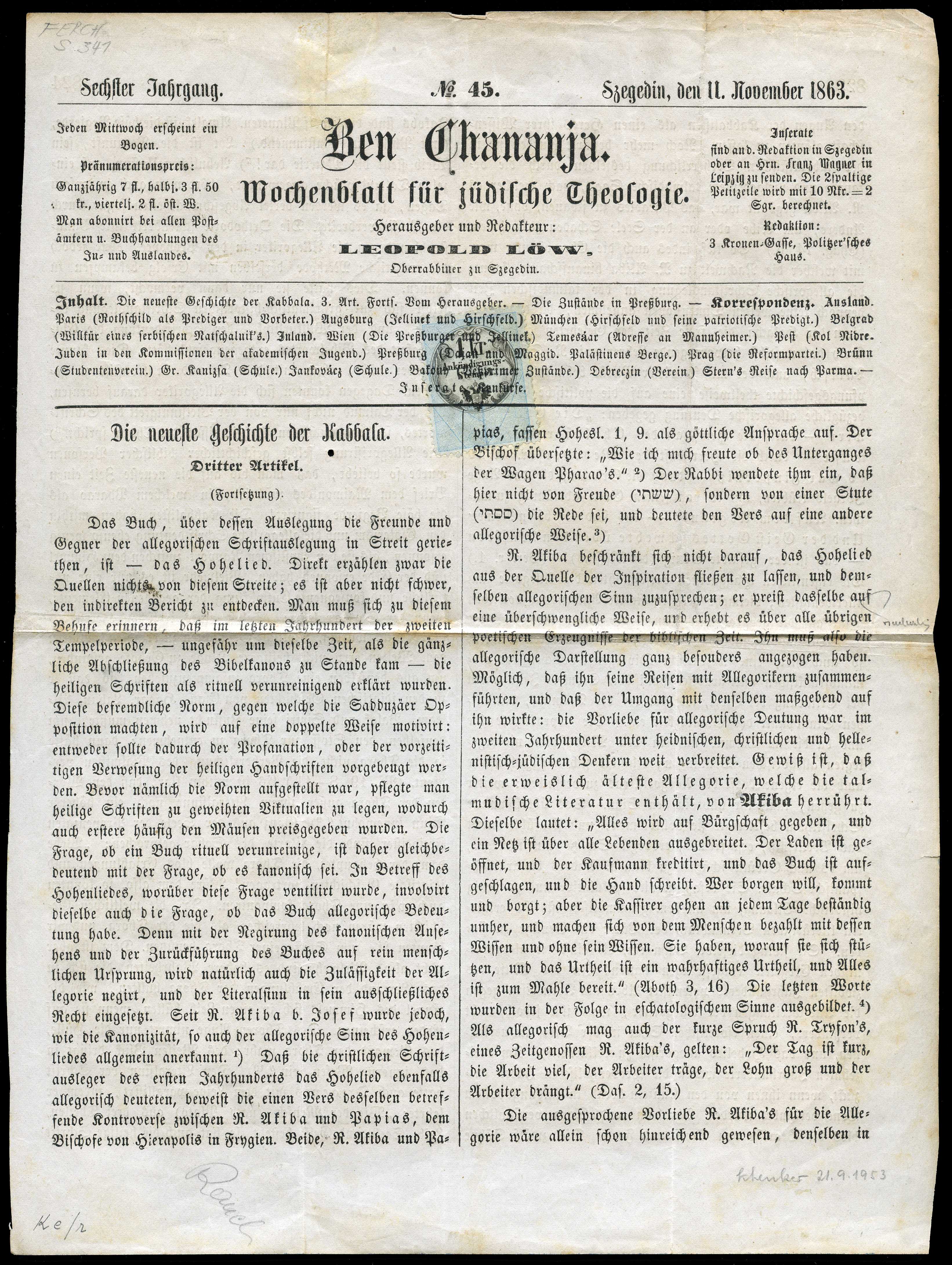 Austria 1863 November 11 cut-down title page of newspaper with revenue stamp