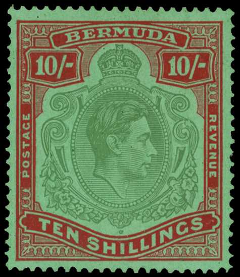 1943 10/- yellowish green and deep carmine-red...