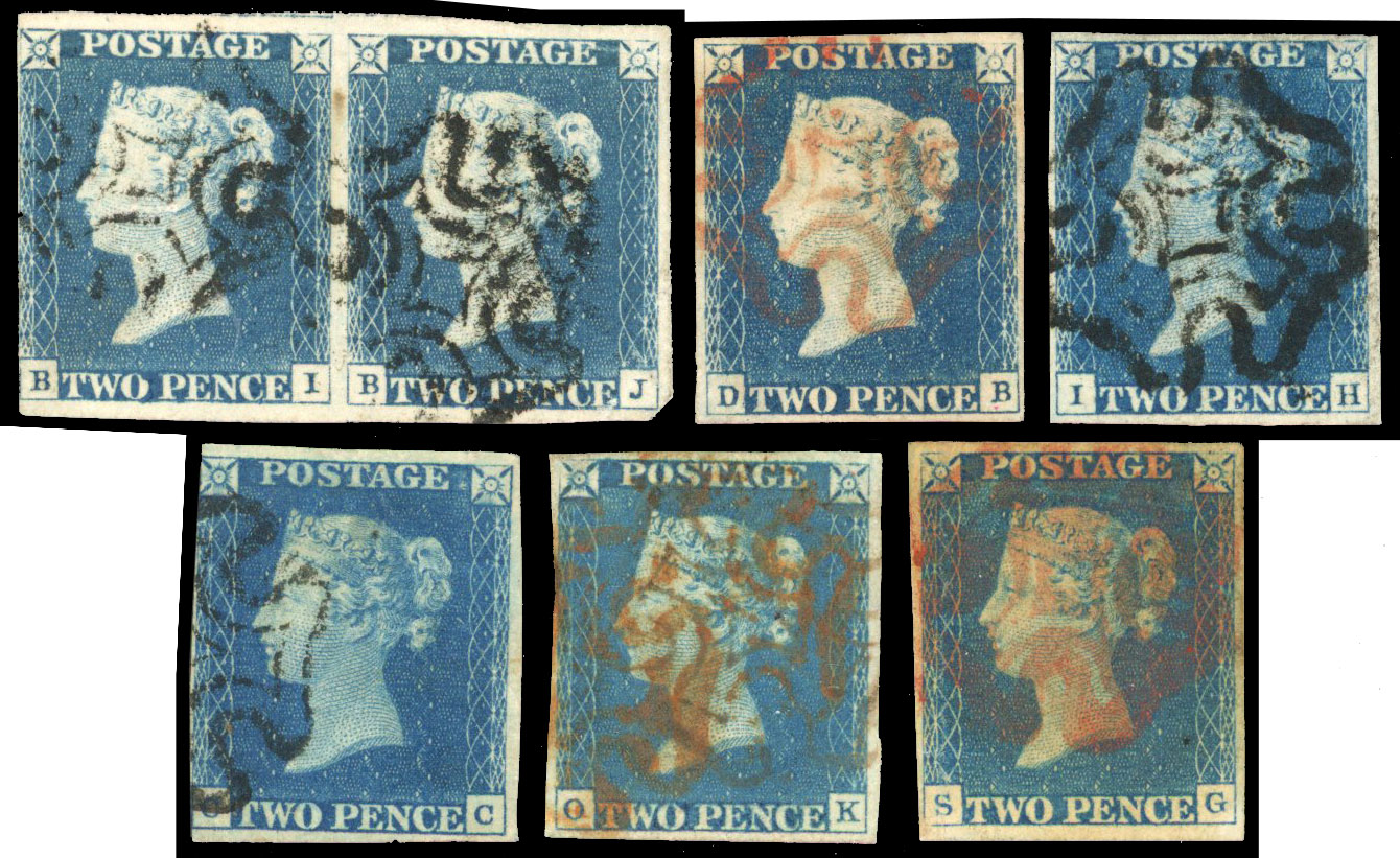 1840 2d blue selection of seven stamps all from Plate 1 with three to four margins