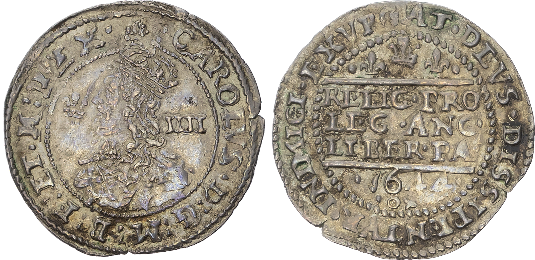 Charles I (1625-1649) Groat, Oxford mint, 1644, mintmark floriated cross on obv. only. Crowned bust left, plume to left,…