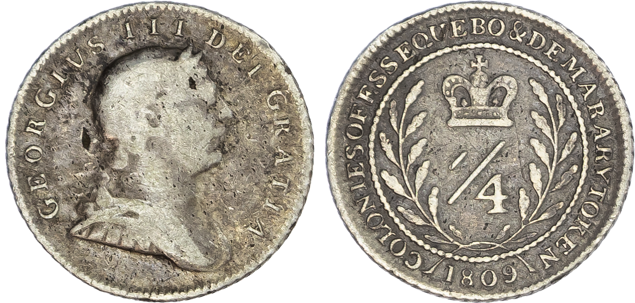 Essequibo & Demarara, British Guiana. George III AR 1/4 Guilder. 1809. 
