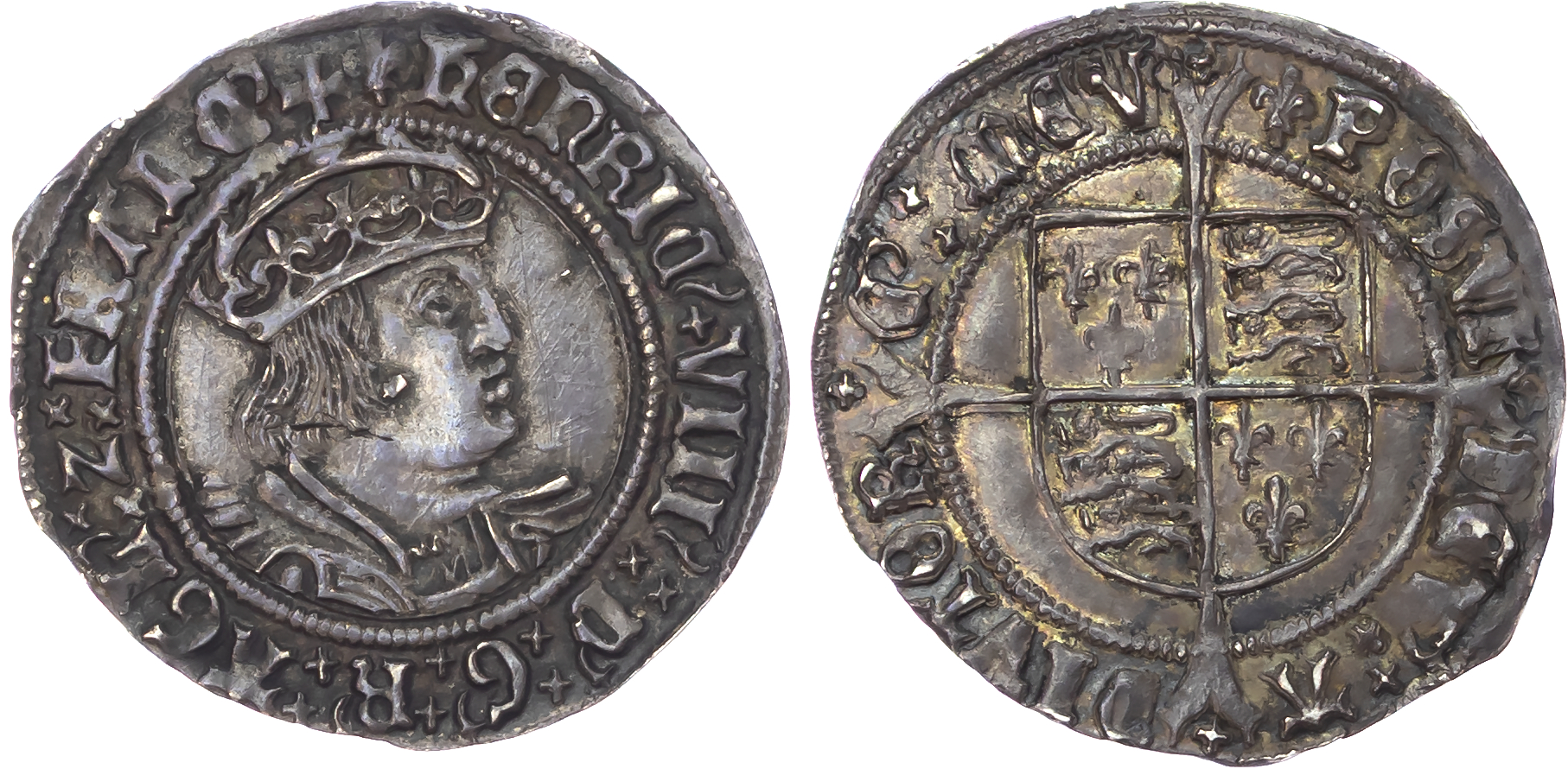 Henry VIII (1509-1547) Groat, second coinage, Laker bust D, mintmark lis (1509-26) both sides.