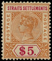 1898 $5 orange and carmine large part (slightly brown) o.g., showing a large circular mark on the neck, presumably random...