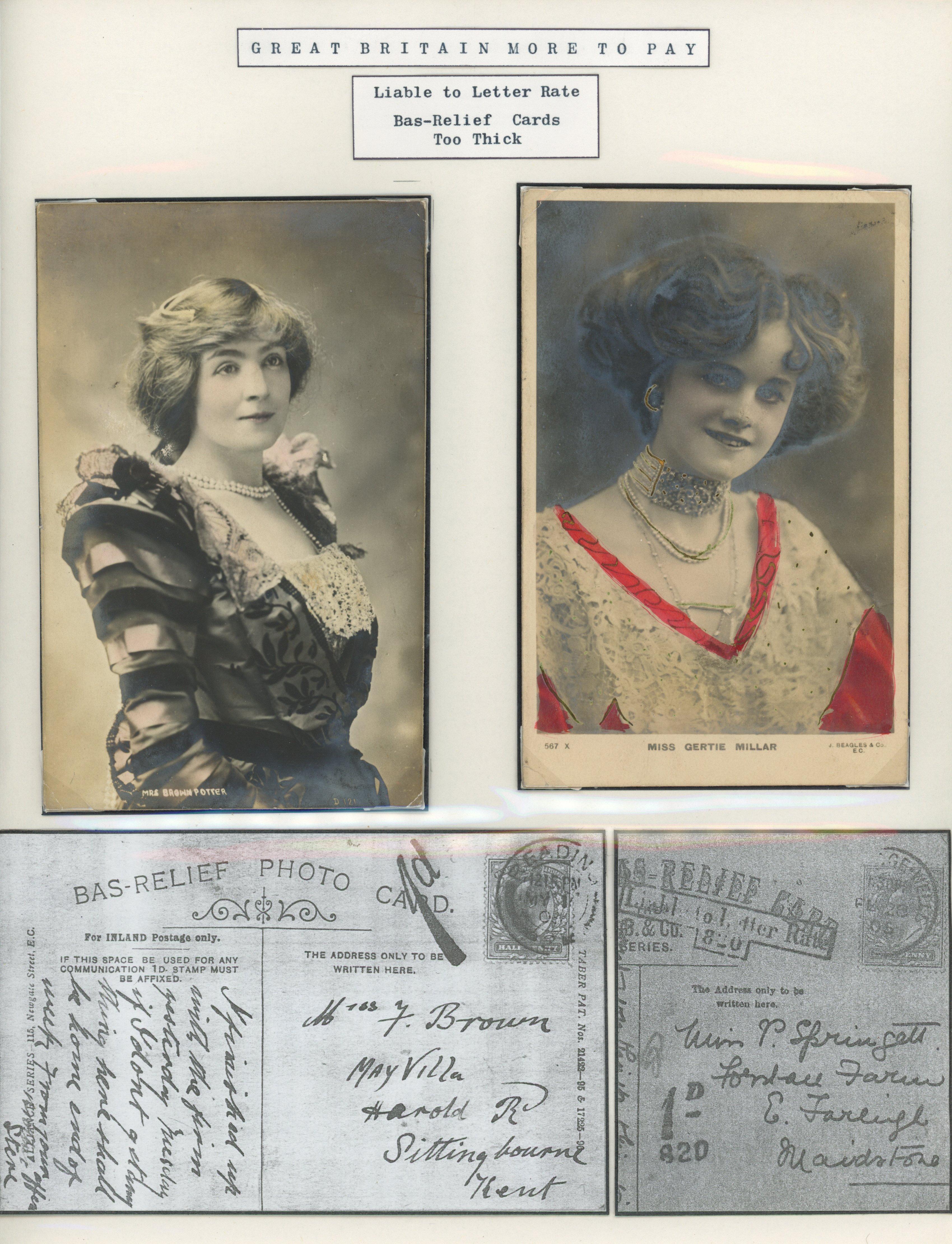 Great Britain 1905 pair of novelty bas relief cards of actresses