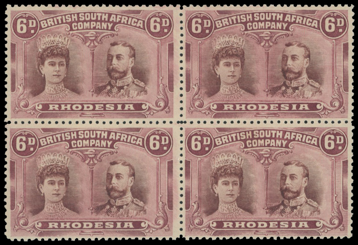 6d red-brown and mauve SG 144 block, positions 44-50 mint