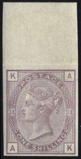 Great Britain 1882 1s Purple Pl.13. Very fine unmounted o.g. top marginal imperforate imprimatur lettered AK. Very…
