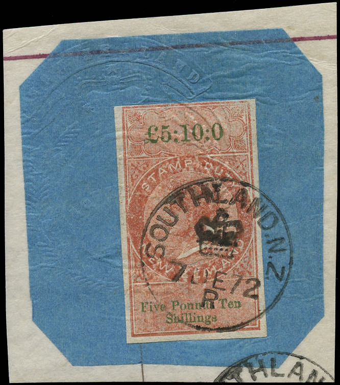 NEW ZEALAND 1867 Revenue QVLT wmk Star £5 10s orange-red and green used