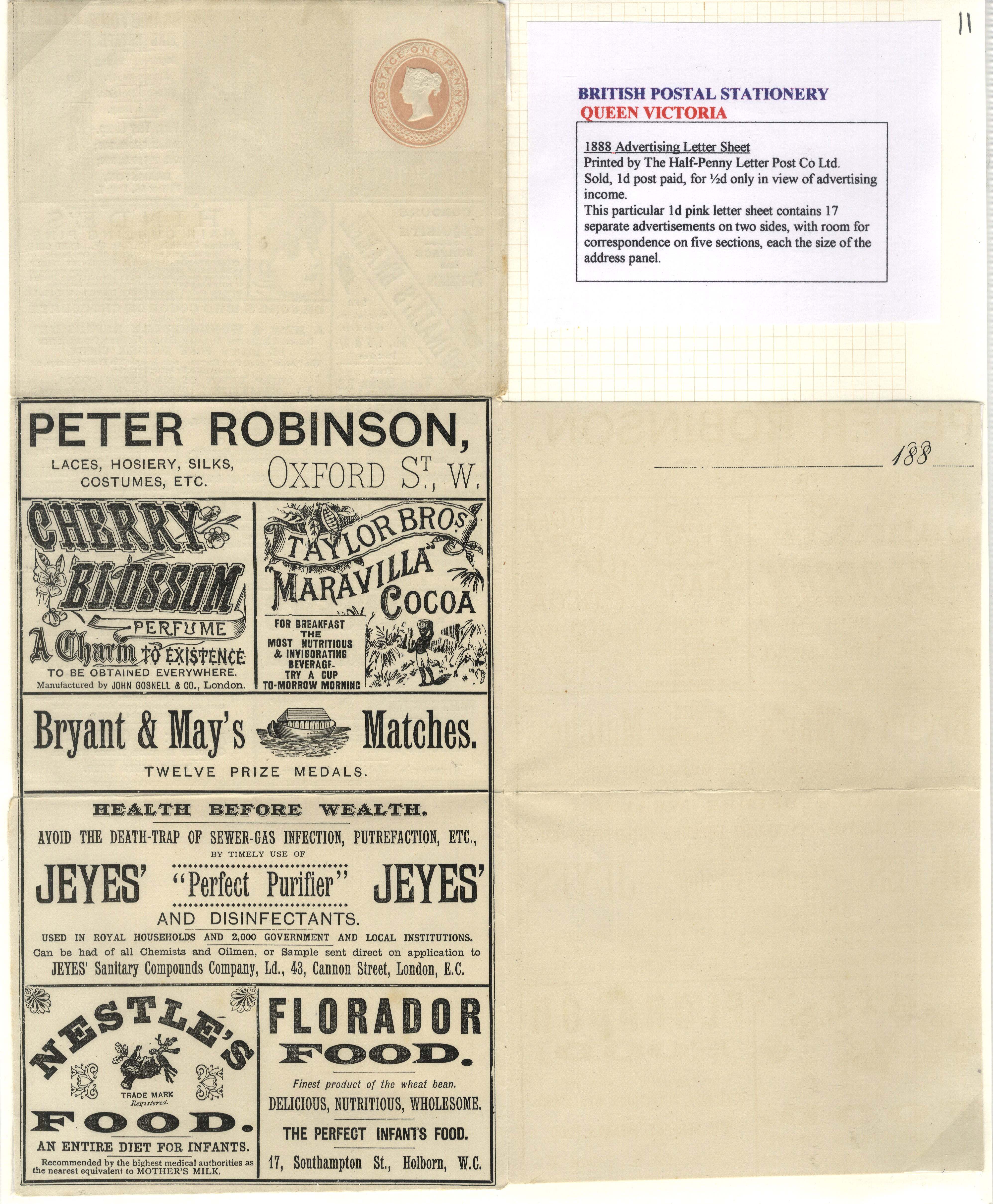 POSTAL STATIONERY: 1888 (c.) Advertising letter sheet 1d pink by the “THE HALF-PENNY LETTER POST COMPANY, LIMITED”, unused