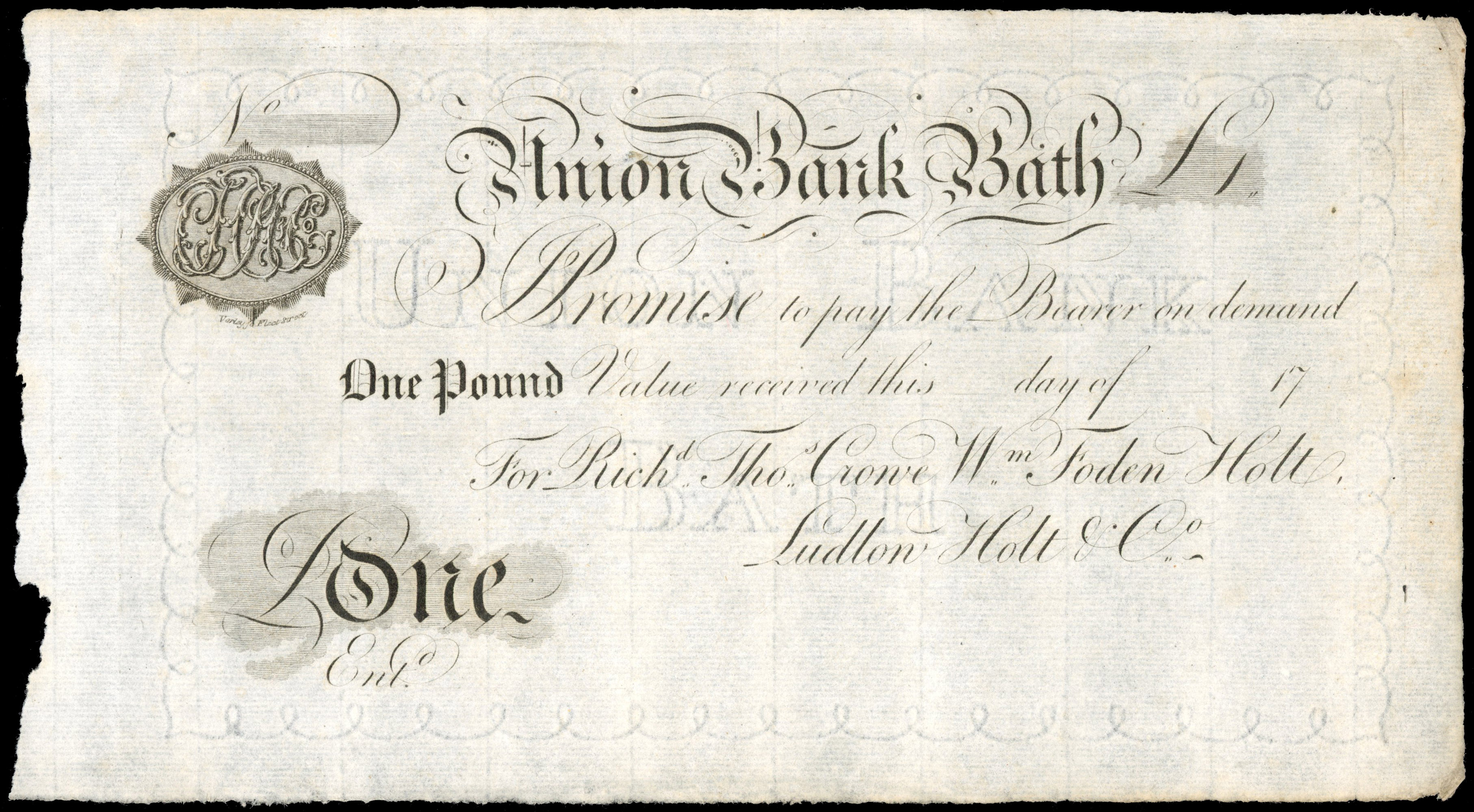 BATH, Union Bank, for Richd Thos Crowe, Wm Foden Holt, Ludlow Holt & Co., unissued £1.,17-, no signatures or s…