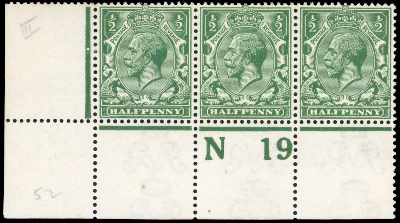 GB 1912-24 Royal Cypher ½d deep myrtle-green, mint control strip