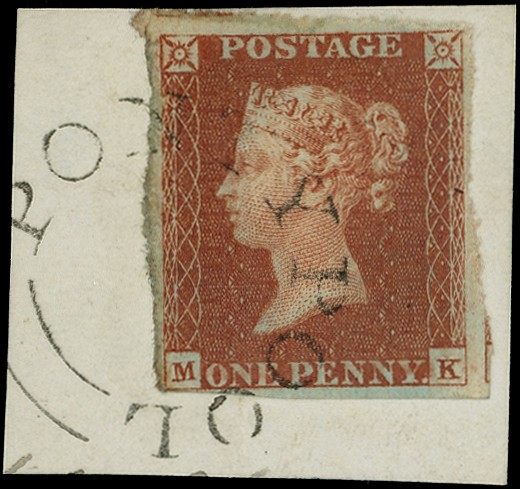 1841 1d red-brown (MK) four touching to good margins, used on small piece tied by near complete...