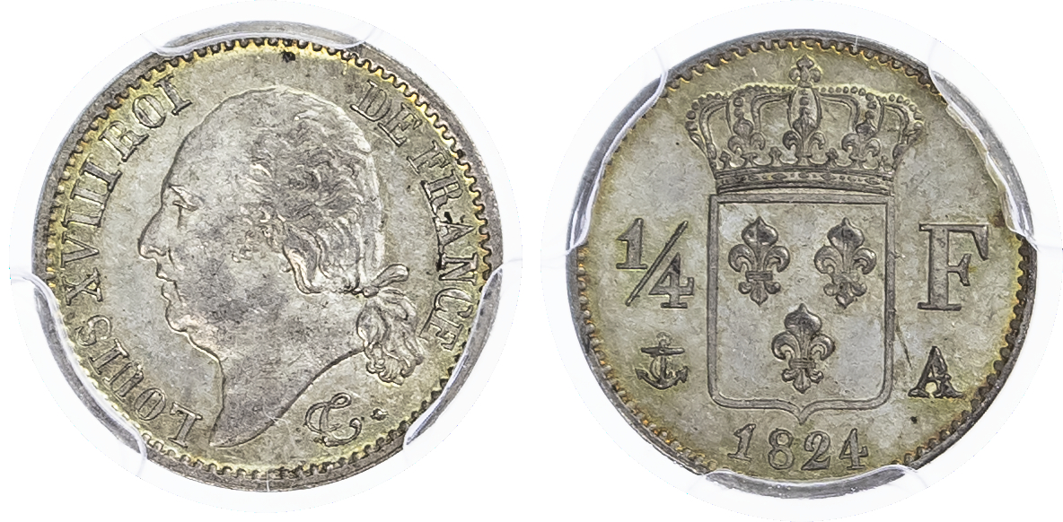 France. Louis XVIII AR 1/4 Franc. 1824A. 