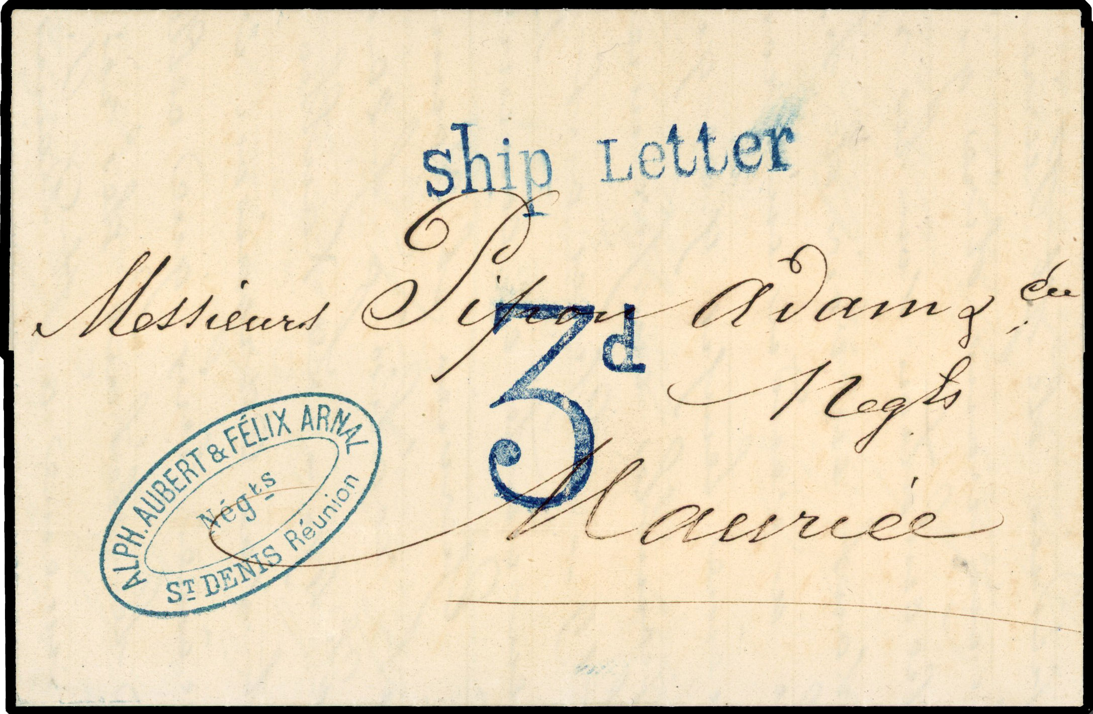 1871 incoming entire from St Denis, Reunion to Mauritius, marked on arrival neat “ship letter” and “3d” in blue 