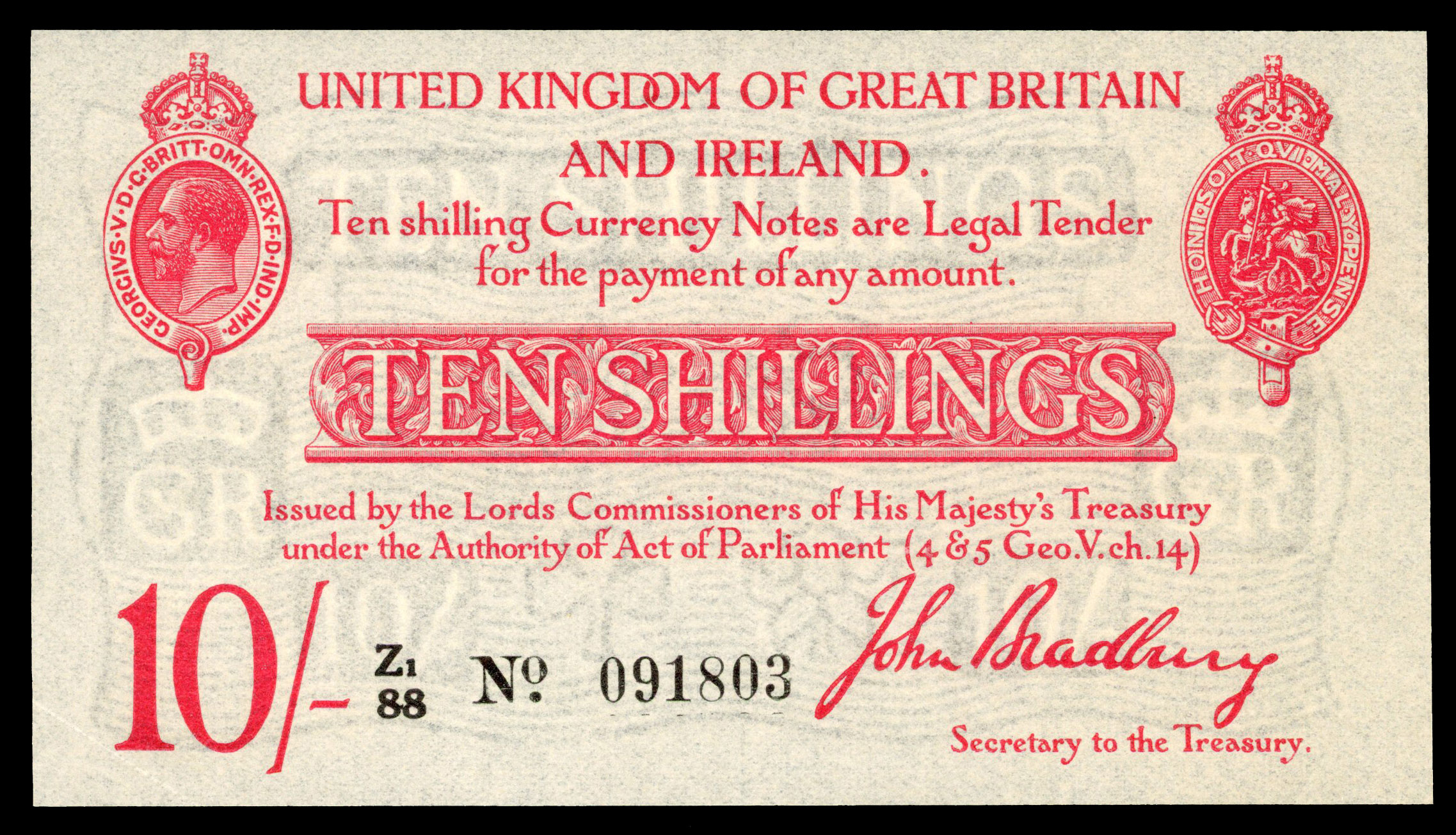 Treasury, J. Bradbury, Ten Shillings, August 1916, Z1/88 091803.