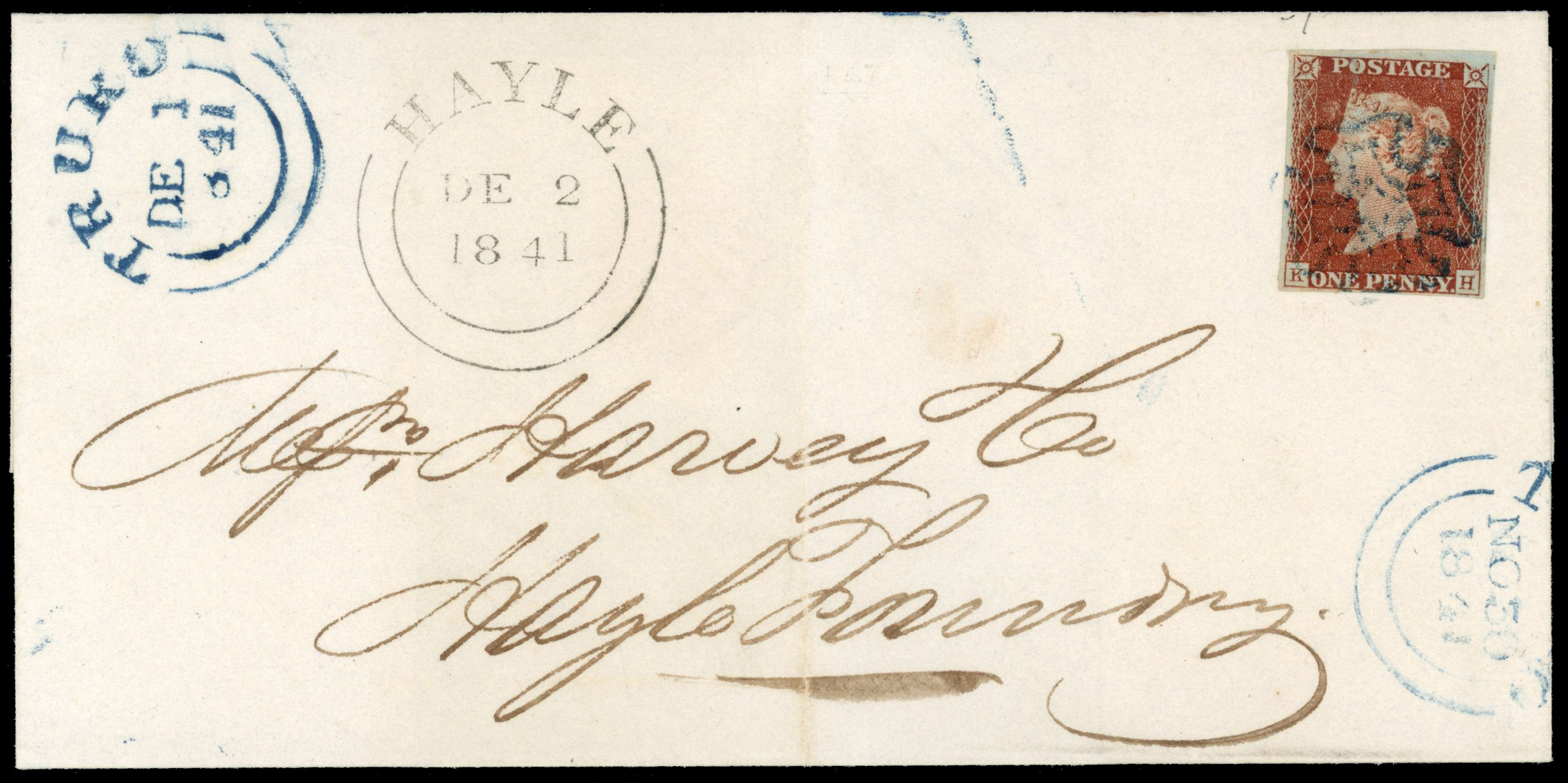 GB 1841 1d Red-brown Pl.16 Cover Blue Truro MC