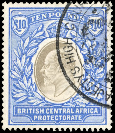 Nyasaland SG 67 1903 £10 fiscally used