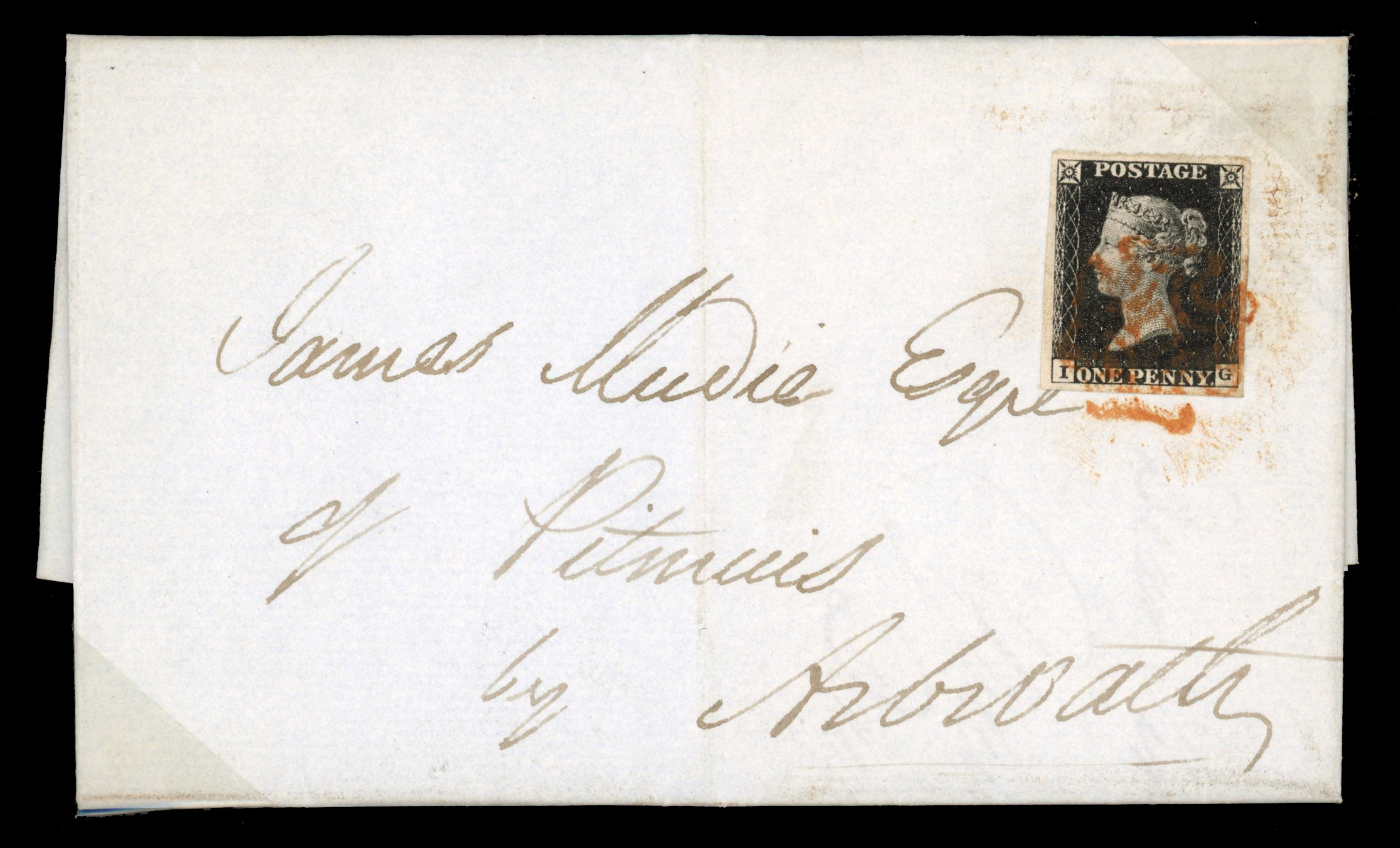 GB 1840 1d black, Plate 1b (IG) on entire to Arbroath, SG 2