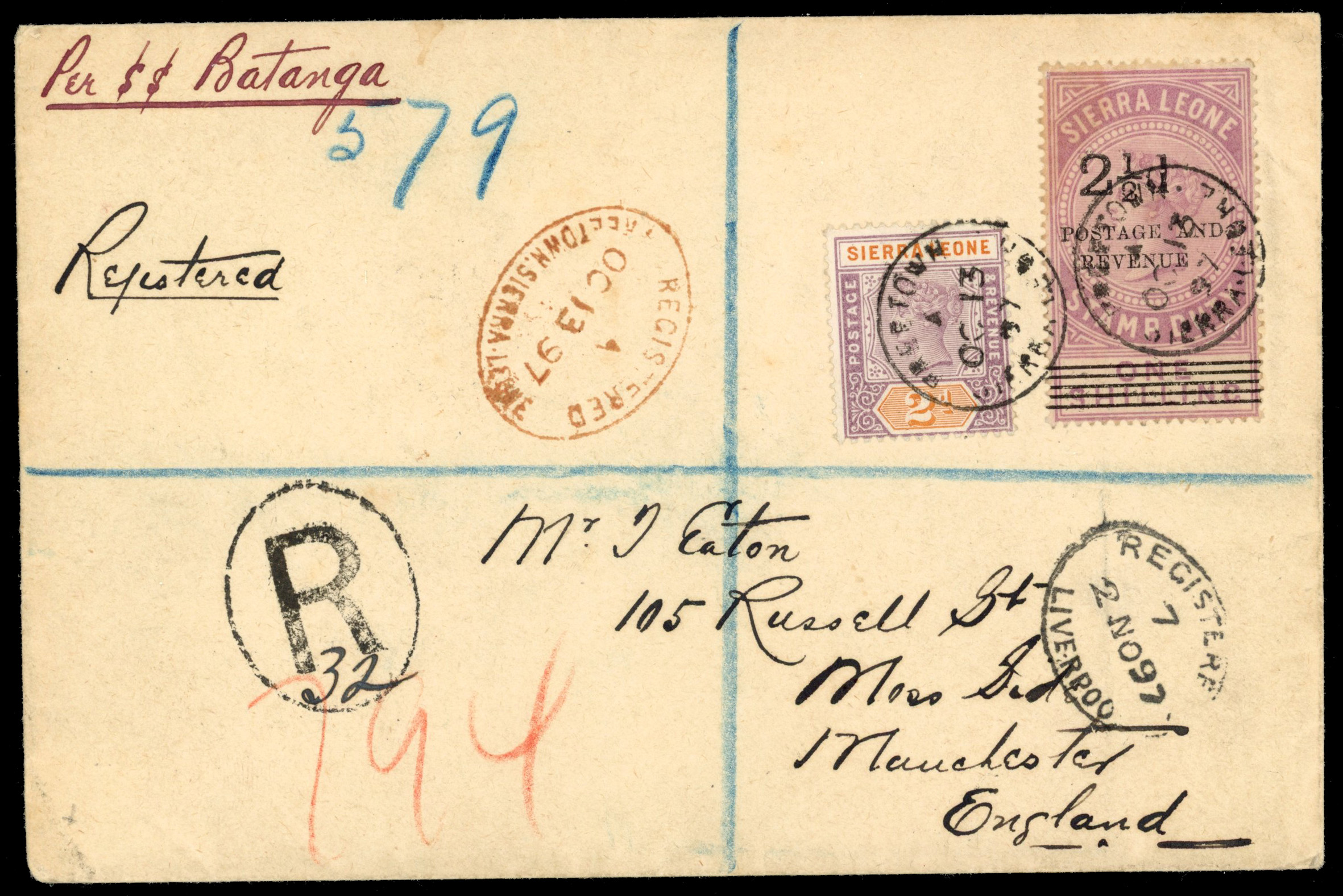 Sierra Leone SG 44, 63 1897 registered envelope to Manchester