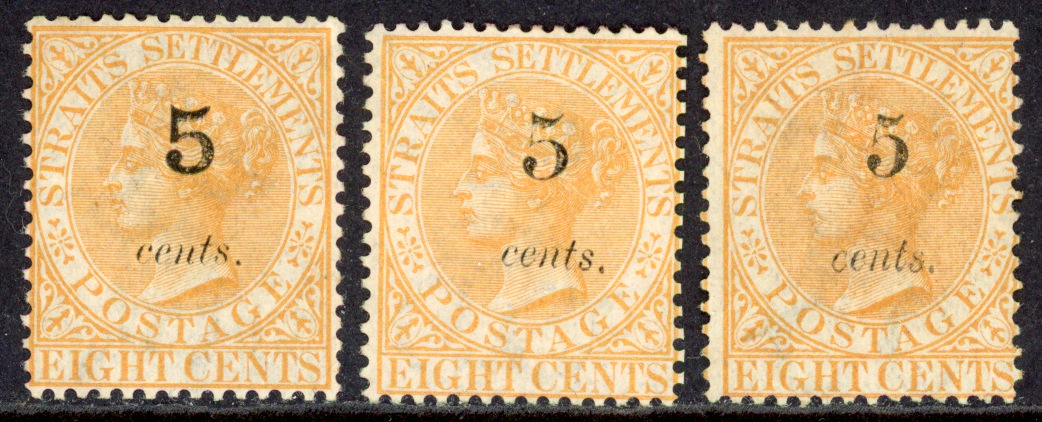 Straits Settlements SG 41/43 1880 5c on 8c orange x3 surcharge types
