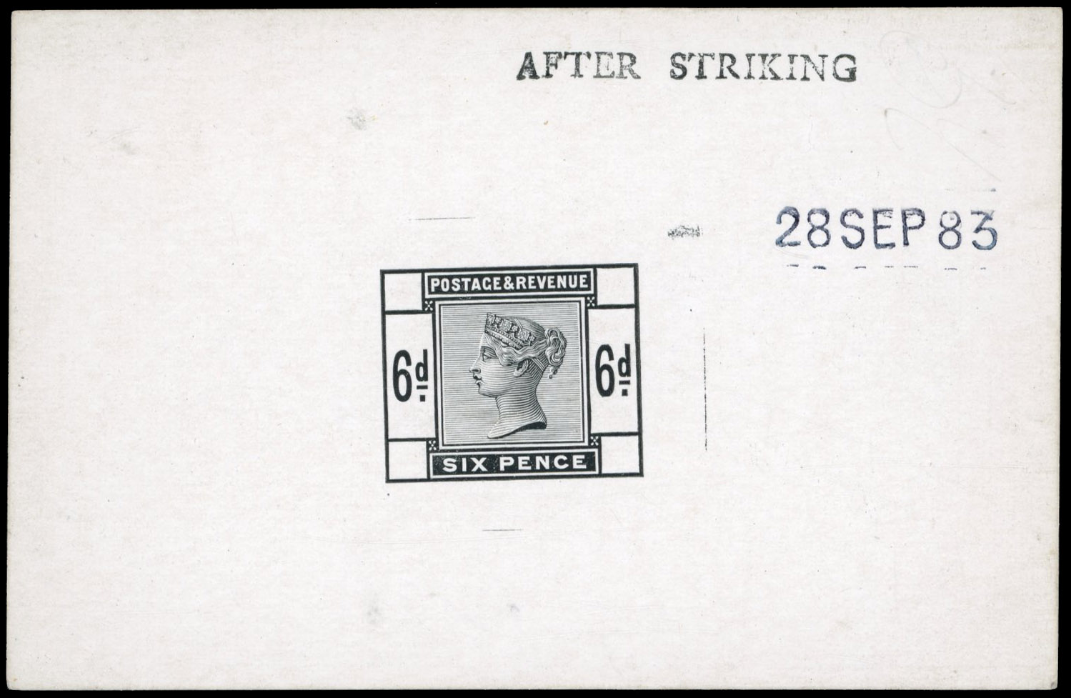 GB 1883-84 6d die proof, printed in black on white glazed card, For SG 194