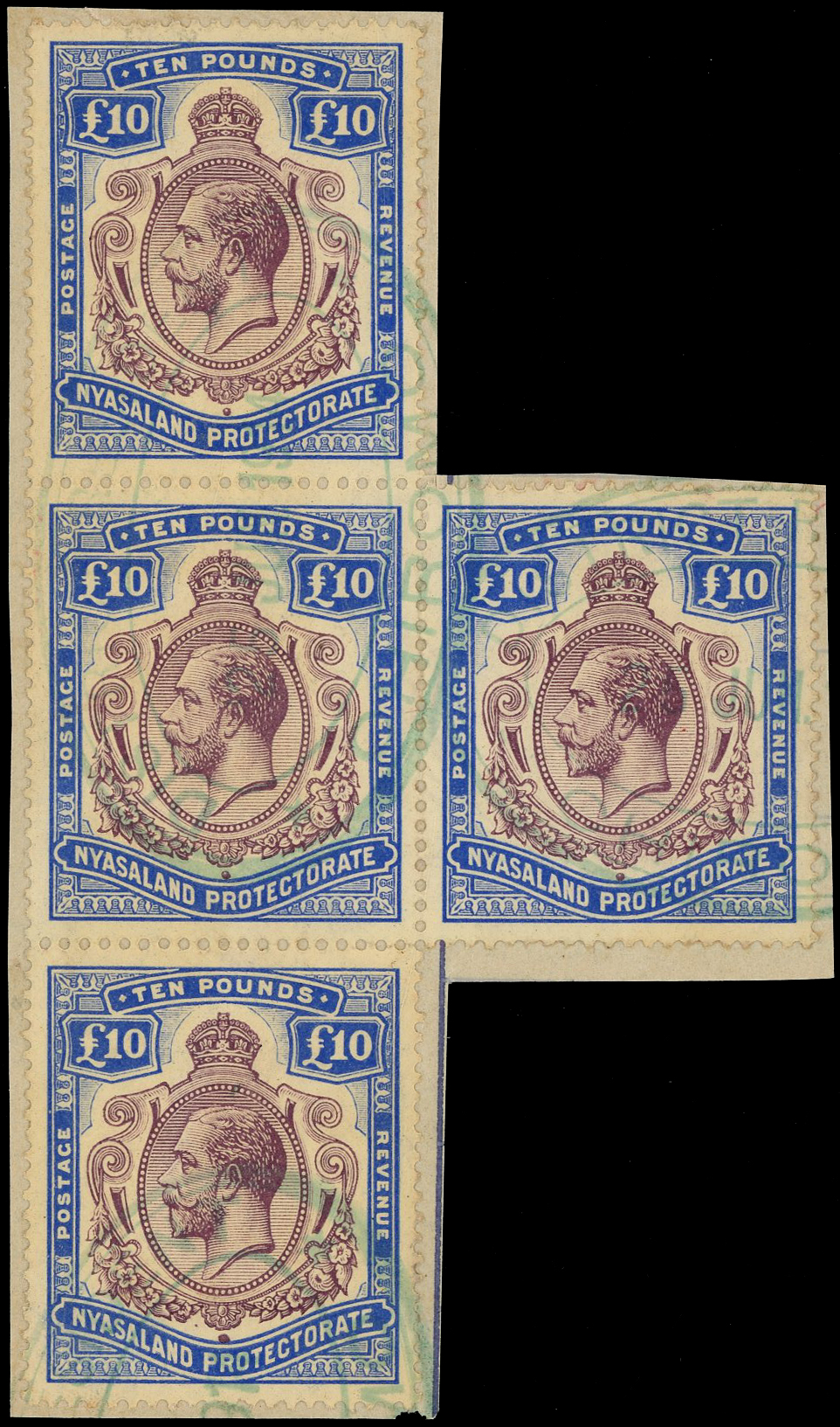 Nyasaland £10 irregular block of four SG 99e Fiscally Used