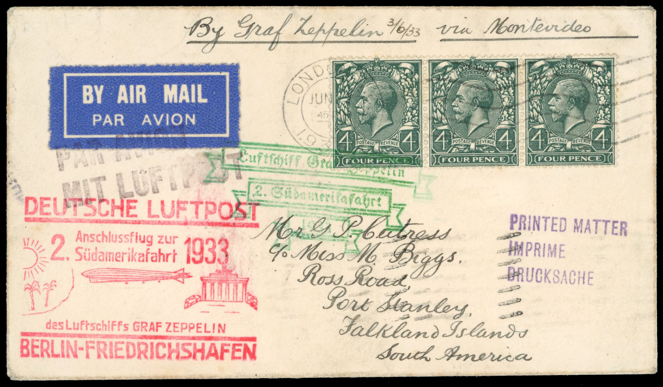 Falkland Islands 1933 incoming Zeppelin cover