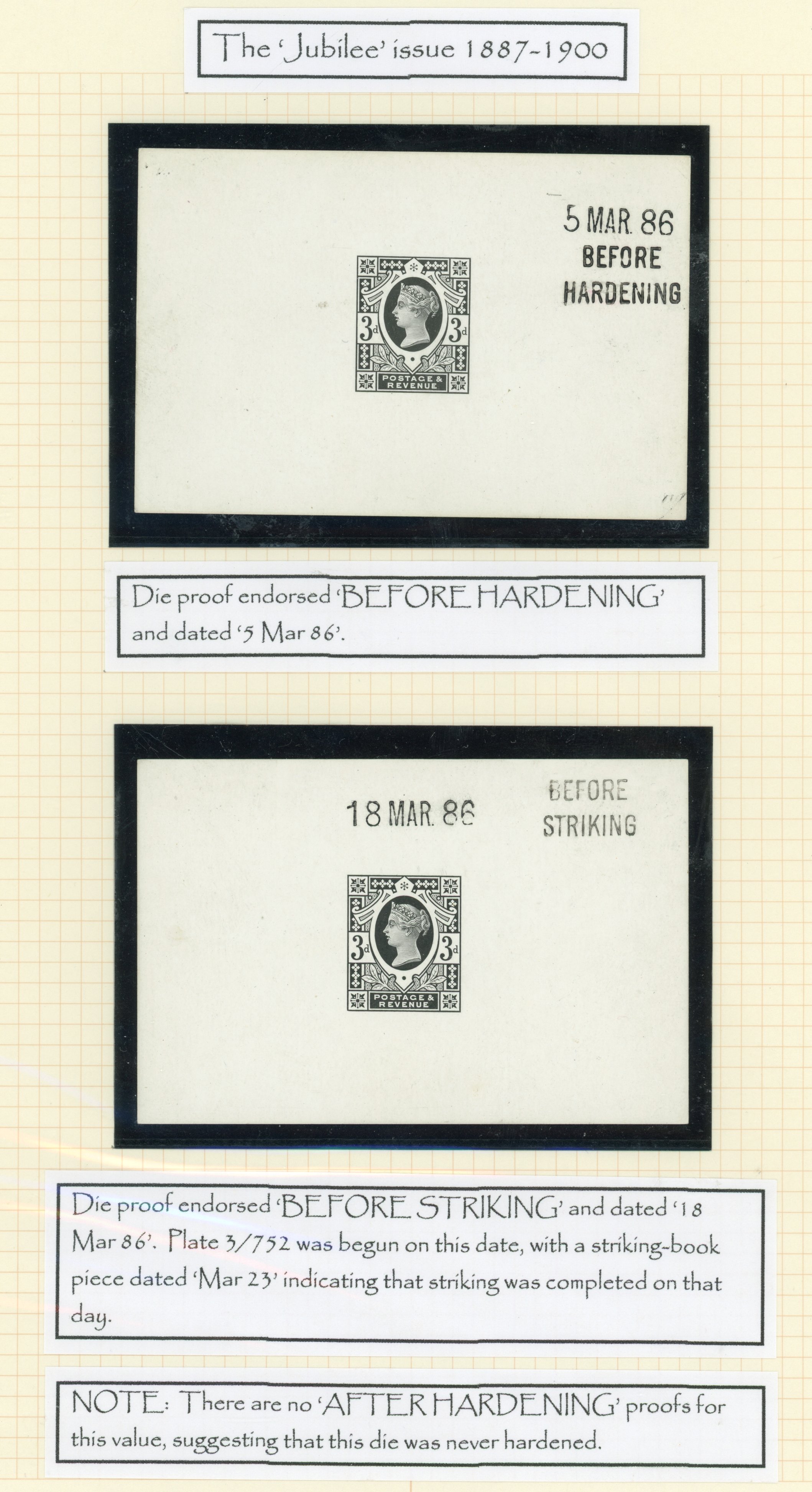 GB 1887-92 3d die proofs (6), printed in black on white glazed card, For SG 202