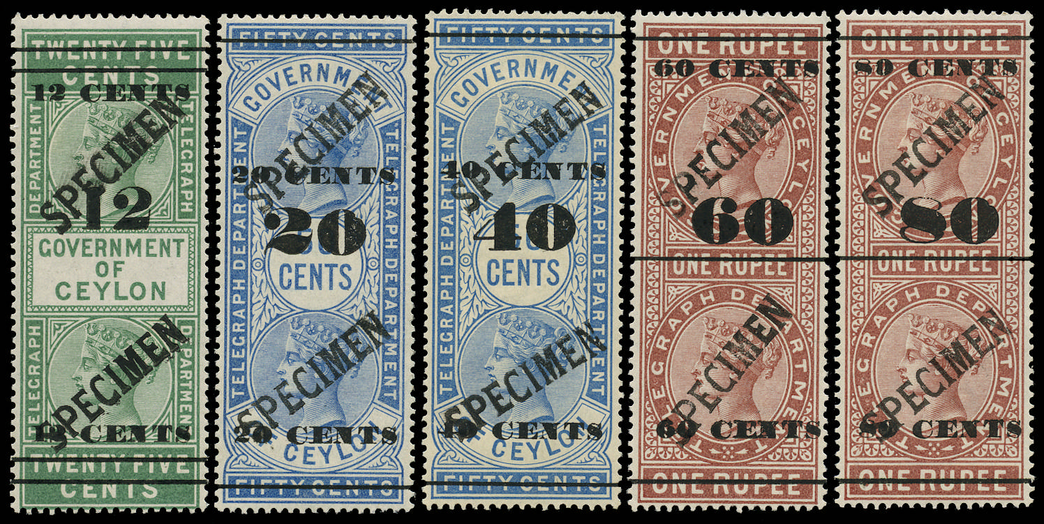 CEYLON 1882 SG T24a, T33, T47, T72, T90 Specimen QV Telegraph stamps with large seriffed overprint
