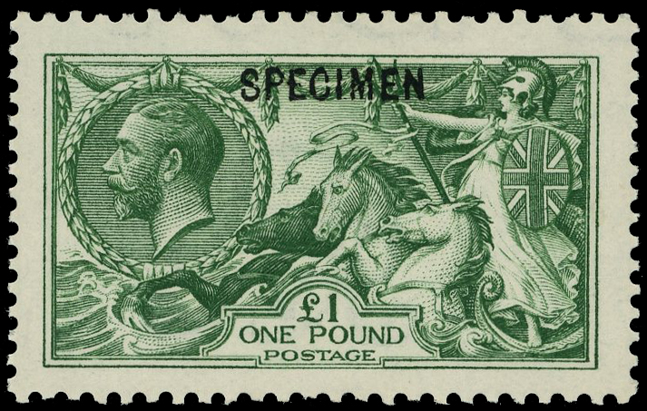 GB: 1913 £1 green ‘Seahorse’ overprinted “SPECIMEN”, good colour fine o.g. SG 403s/N72(1)s