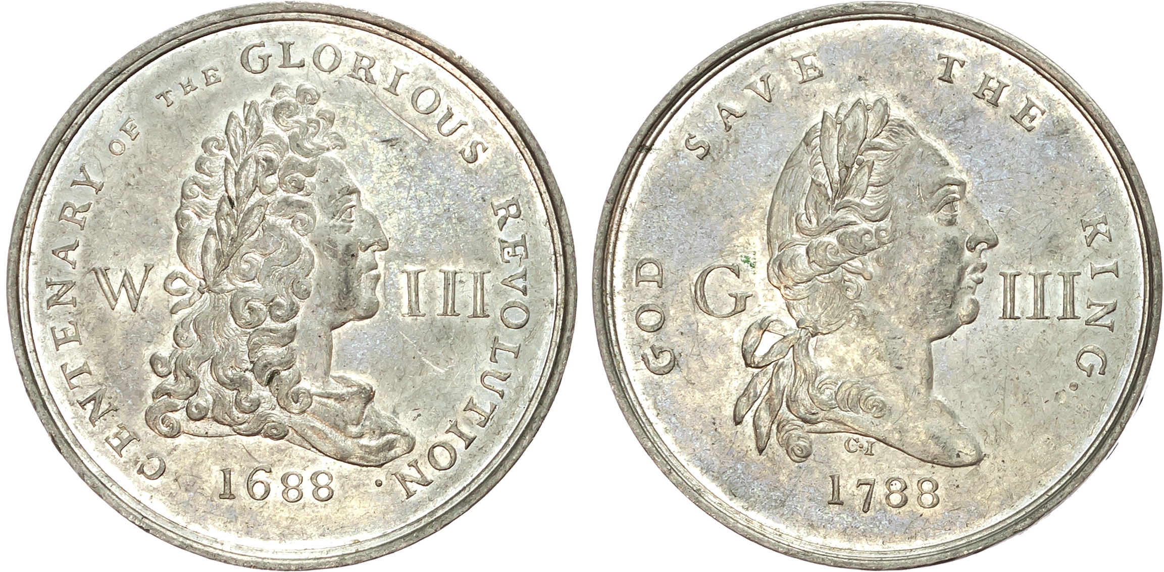 London , Political Series, Glorious Revolution Centenary white-metal Penny 1788, another but in a diff. metal, 33mm/10. …