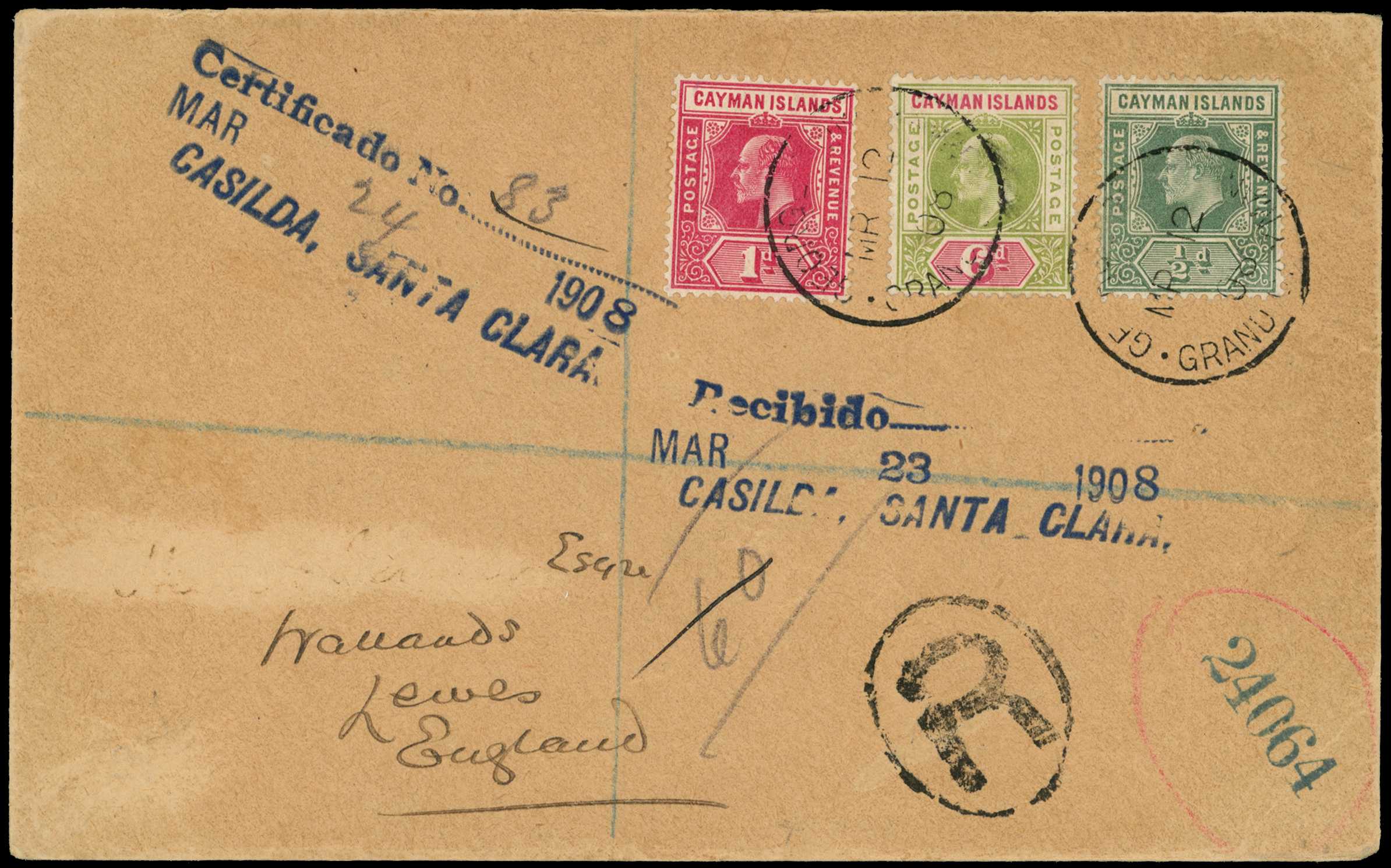 1908 ½d green, 1d carmine and 6d olive and...