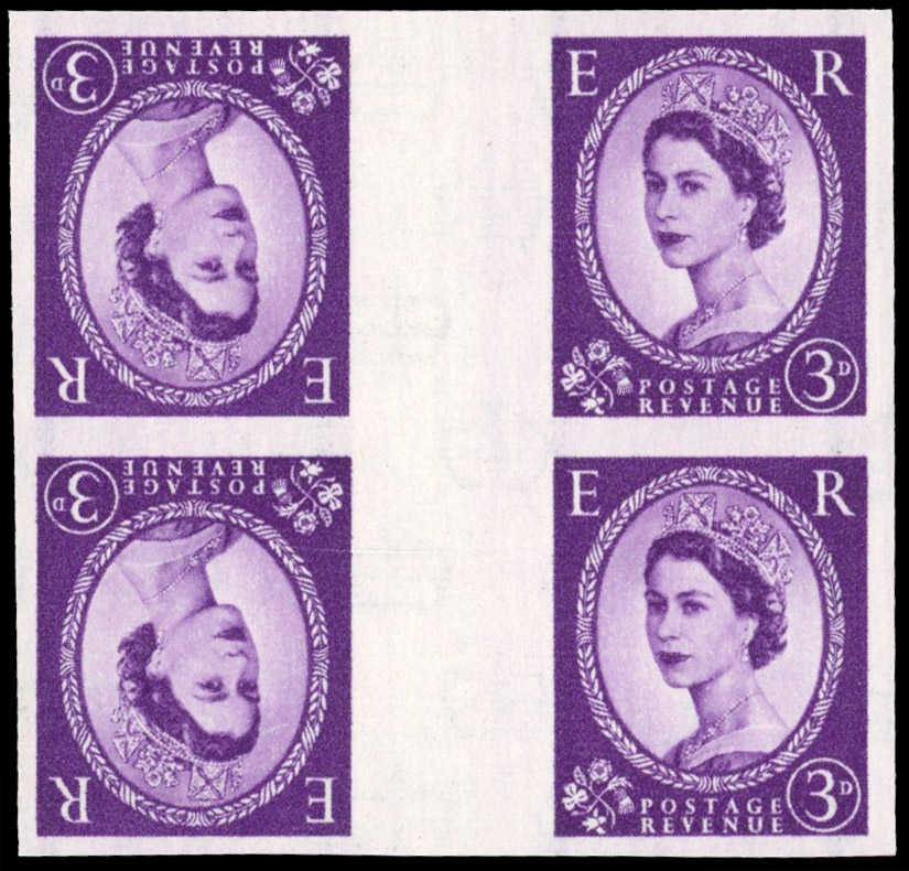 Great Britain 1958 3d Deep lilac, Tête-bêche Gutter Block of Four, BPMA Imprimatur, SG 592