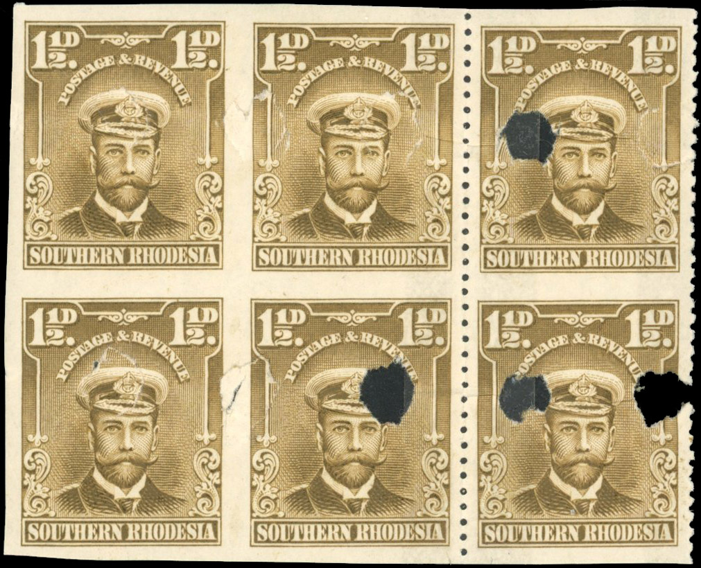 Southern Rhodesia SG 3 1½d plate proof block, with perf variety