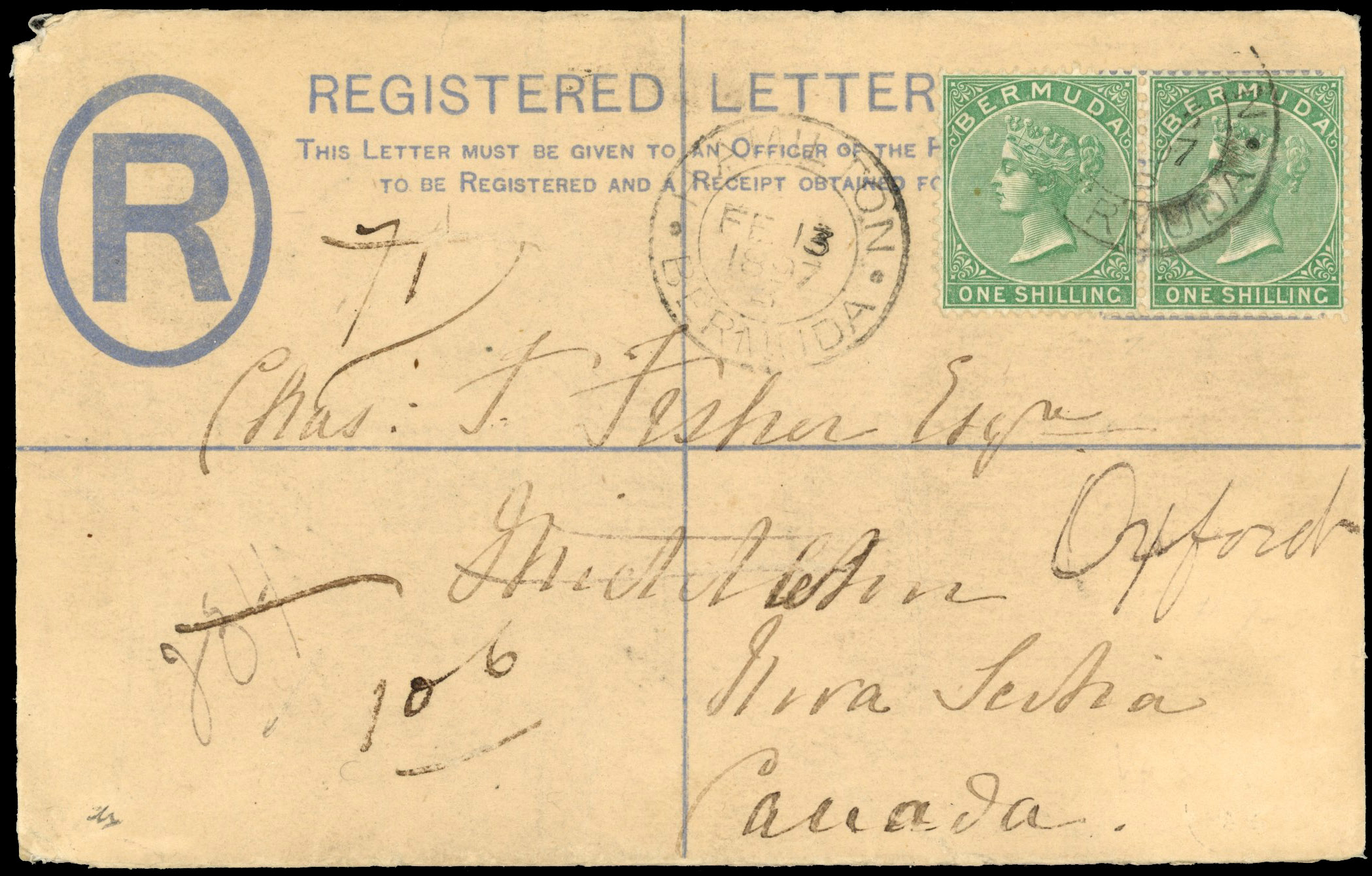 Bermuda SG 11 pair on 1897 registered envelope to Nova Scotia