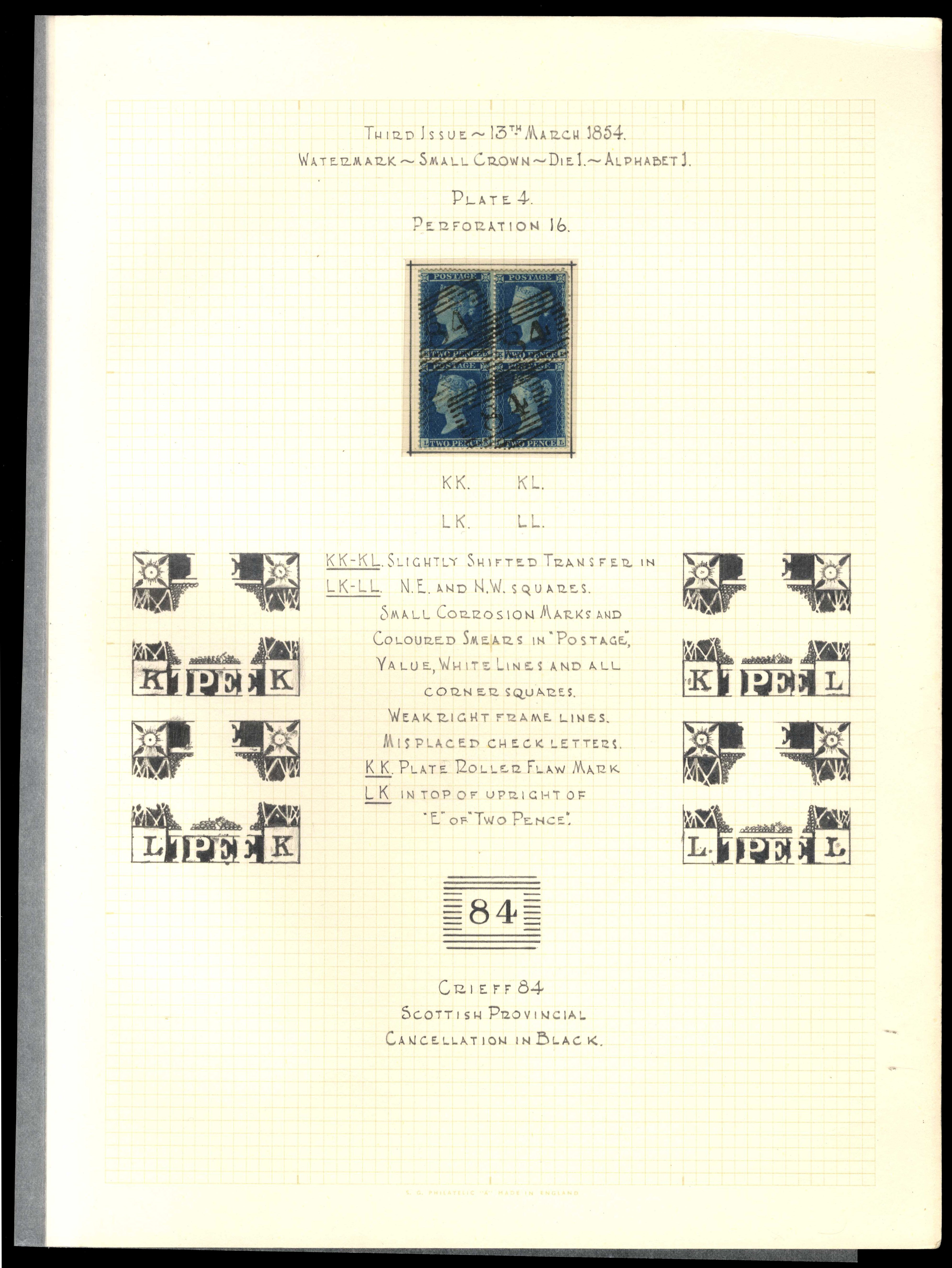 GB 1854 2d deep blue Plate 4 SG 19 KK-LL block used