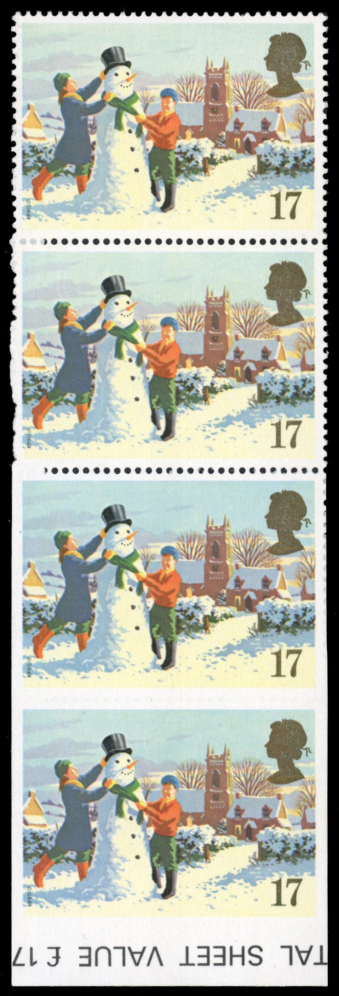 GB SG 1525 1990 17p Christmas perforation variety strip mint