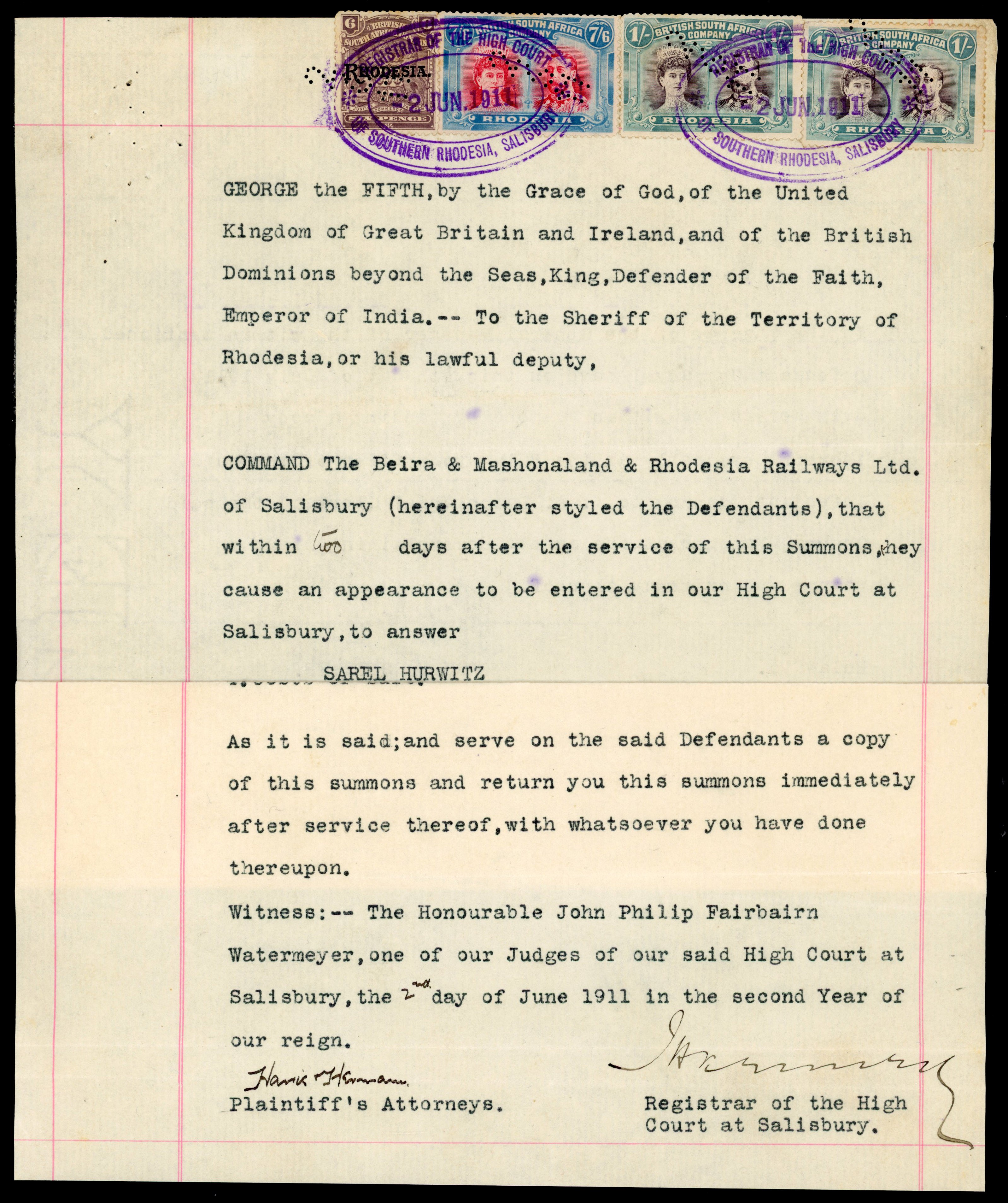 Rhodesia 1911 Summons document, with 7s6d first printing