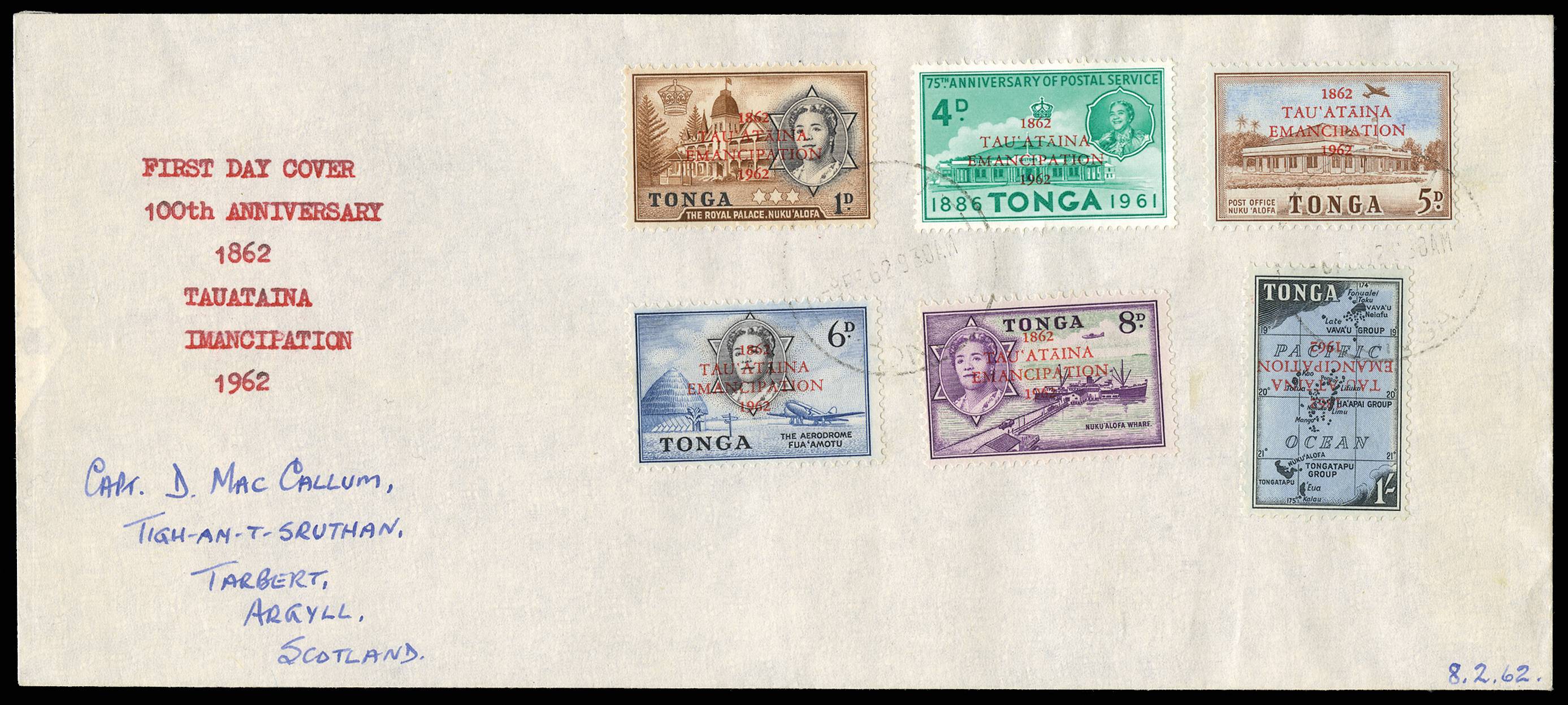 TONGA SG 125a 1962 EMANCIPATION 1s OPT INVERTED ON COVER