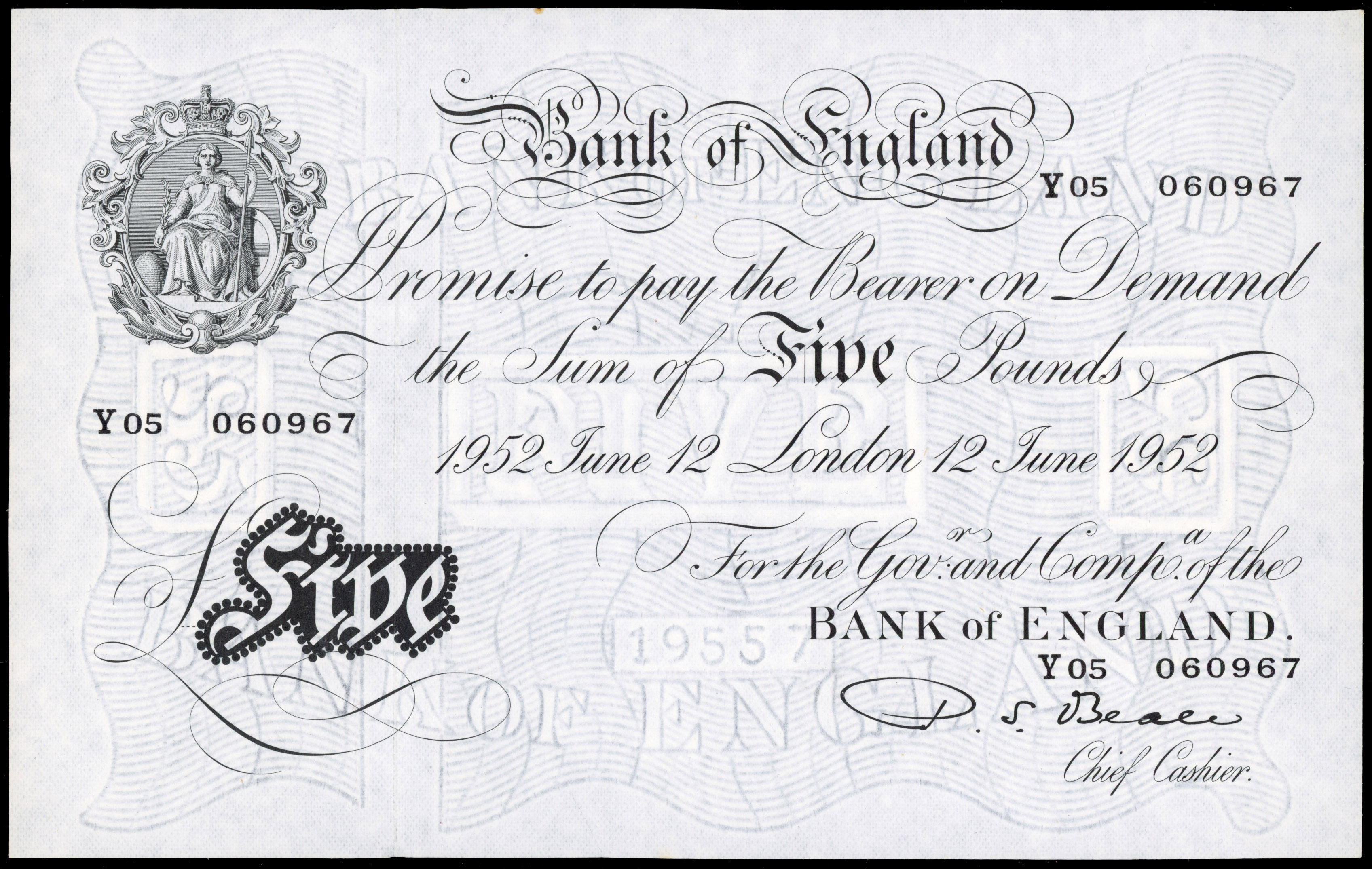 Bank of England, P S Beale, White Five Pounds, London, 12 Jun. 1952, Y05 060967, (Dugg. B270). Extremely Fine.…