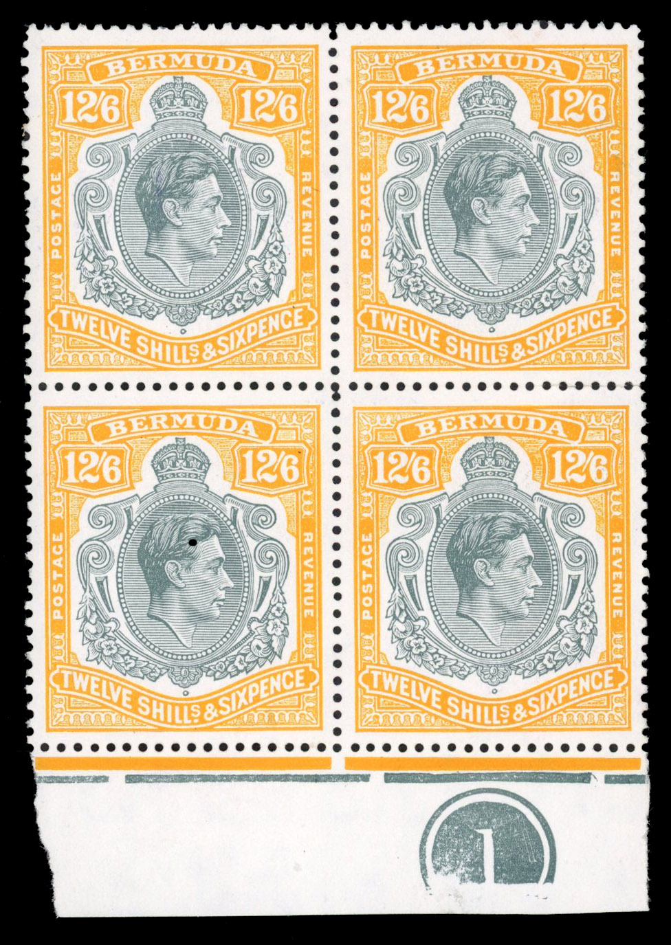 Bermuda SG 120e 1950 (Aug.) 12s6d perf 13, block with plate plug mint