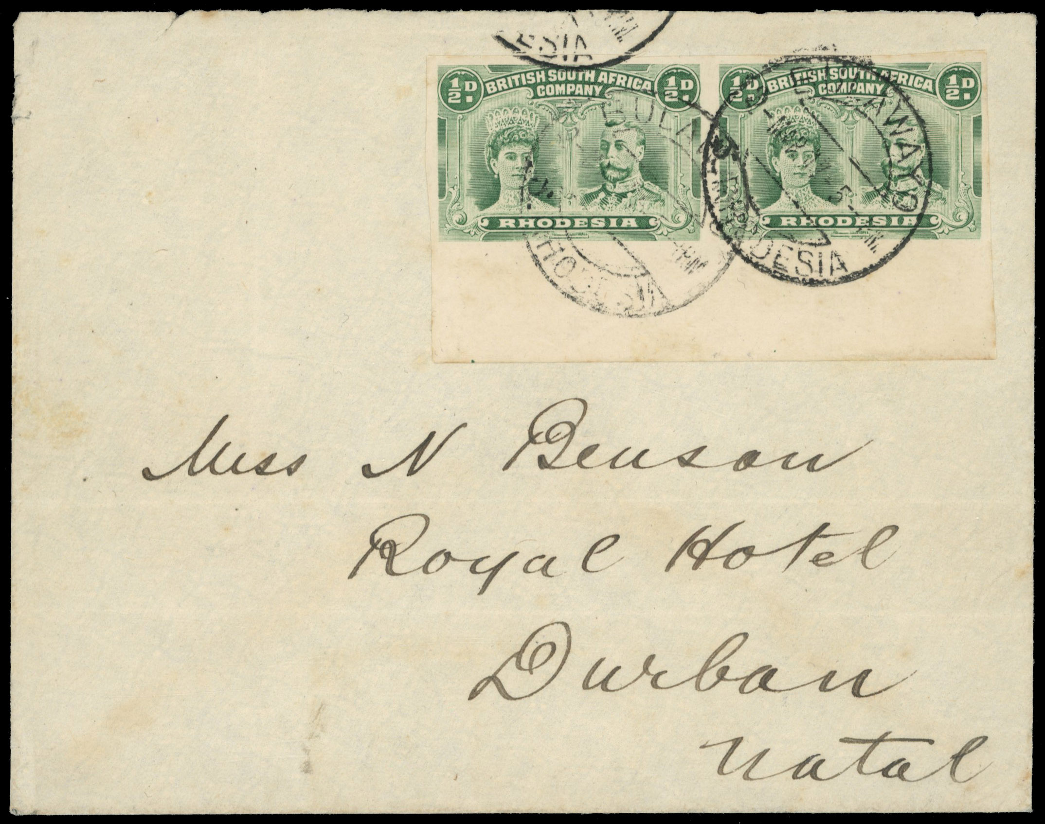 ½d dull blue-green imperforate pair on cover