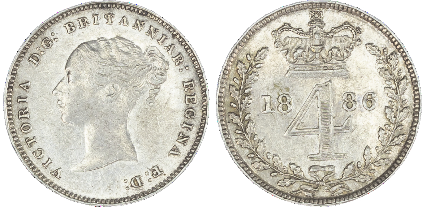 Victoria (1837-1901), Maundy set, 1886, Four, Three, Two and One Pence, young head left, legend and toothed border
