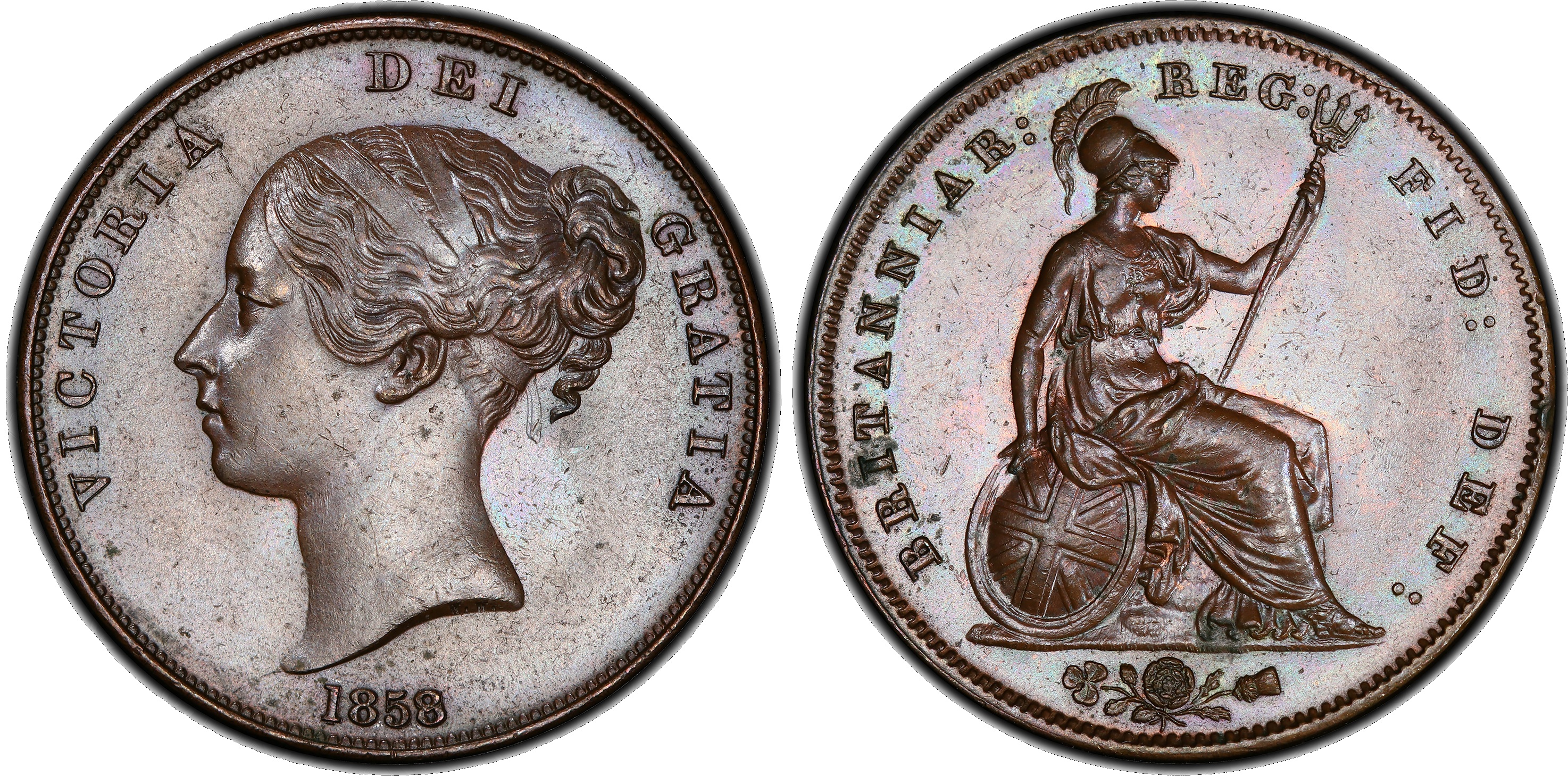 Victoria (1838-1901), copper Penny, 1858, LARGE ROSE VARIETY. PCGS MS64 BN